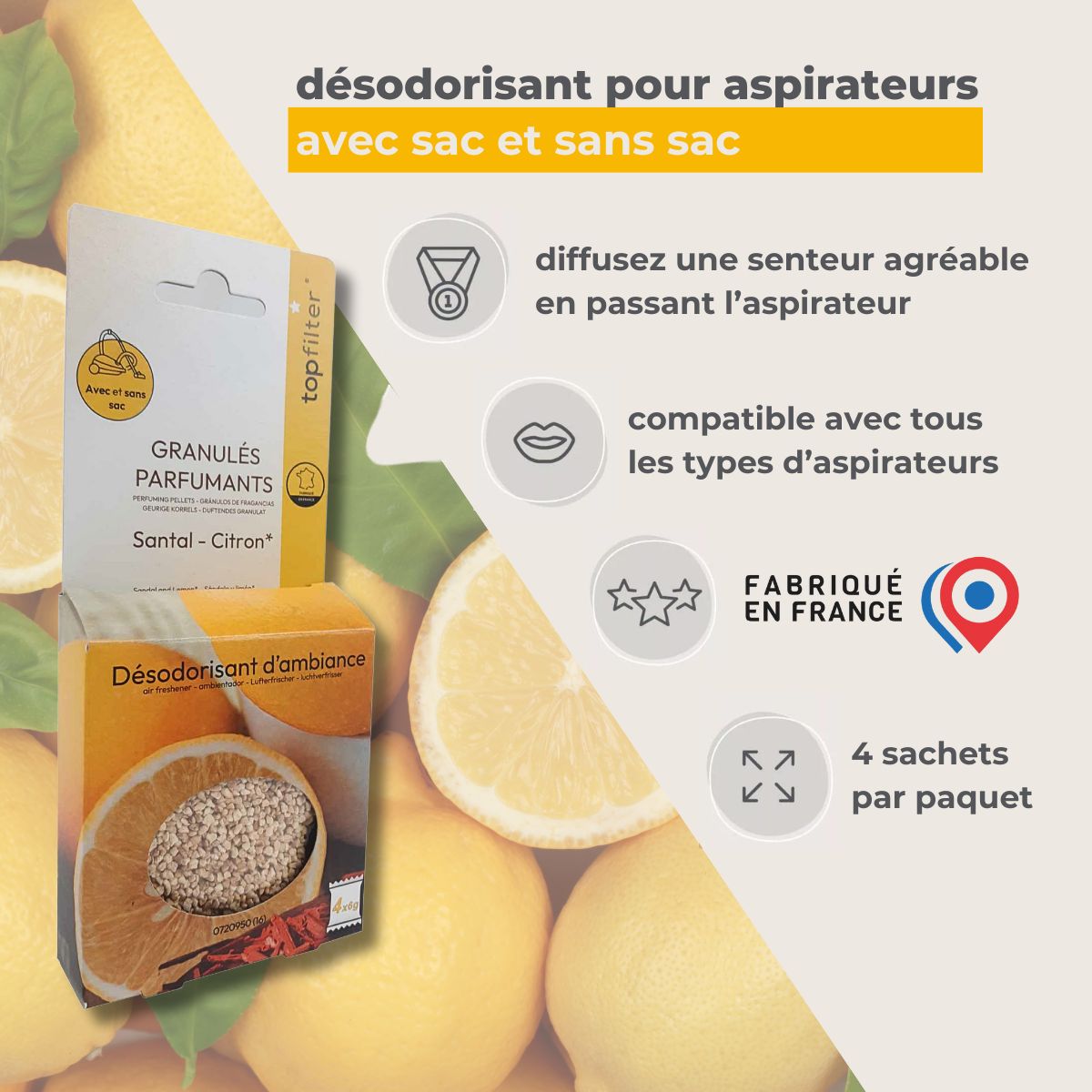4 Sachets de granulés parfumés pour aspirateur senteur santal citron TopFilter TopFilter - Mathon - 2
