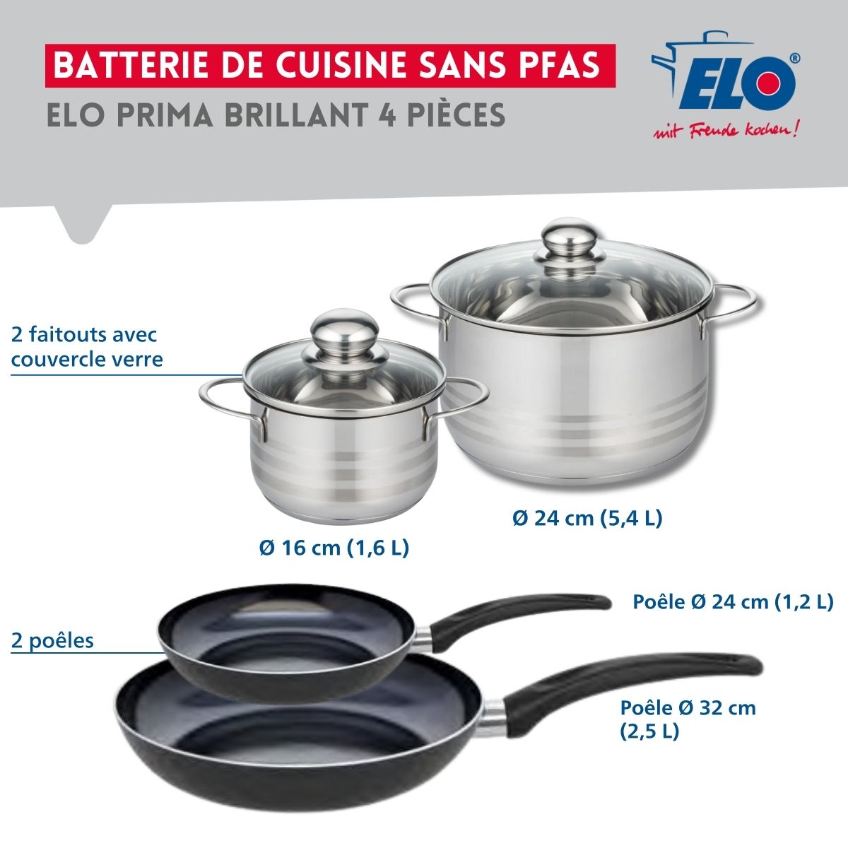 Ensemble de 2 Poêles de cuisson 24 et 32 cm et 2 faitouts 16 et 24 cm  Prima Brillant Elo - Mathon - 2