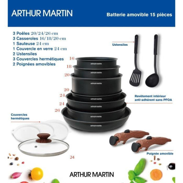 Arthur Martin Am1502 Batterie De Cuisine 15 Pieces - Poignée Amovible Arthur Martin - Mathon - 5