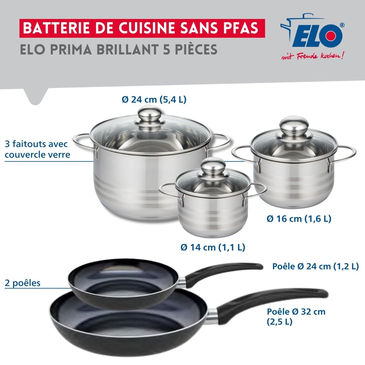 Ensemble de 2 Poêles de cuisson 24 et 32 cm et 3 faitouts 14, 16 et 24 cm  Prima Brillant Elo - Mathon - 2