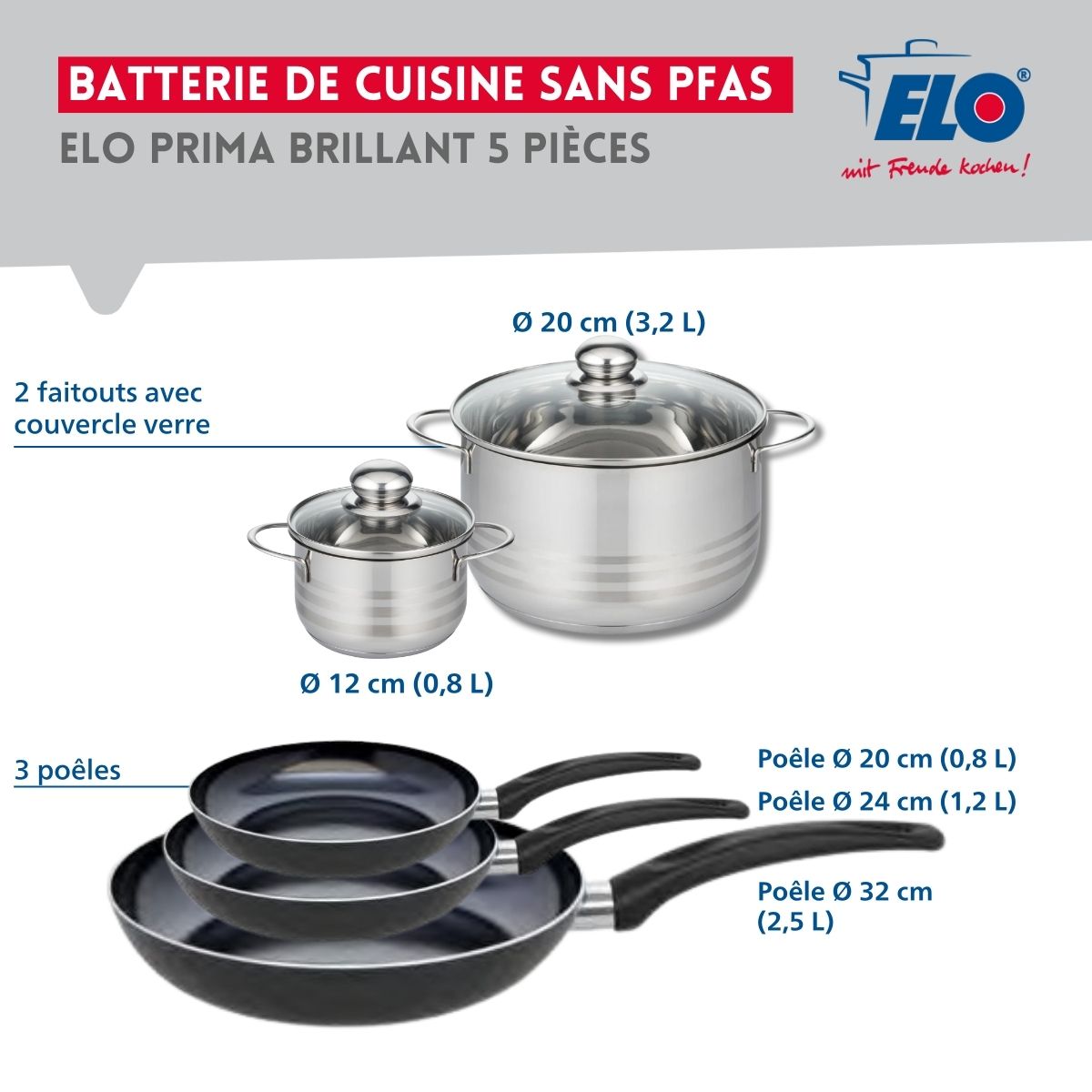 Ensemble de 3 Poêles de cuisson 20, 24 et 32 cm et 2 faitouts 12 et 20 cm  Prima Brillant Elo - Mathon - 2