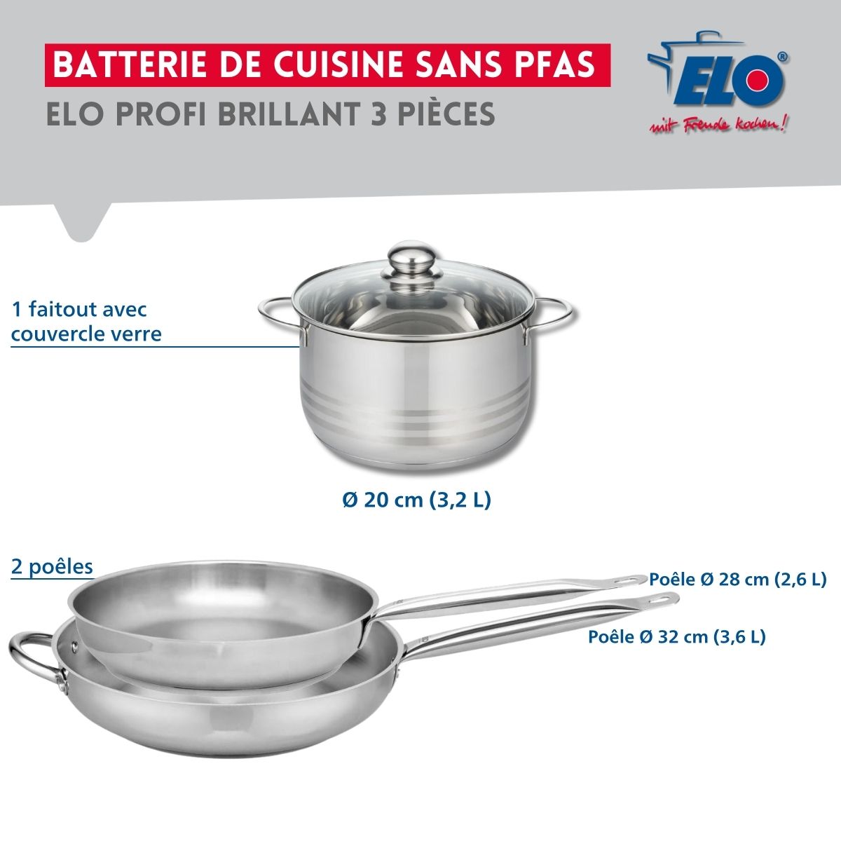 Ensemble de 2 Poêles de cuisson 28 et 32 cm et 1 faitout 20 cm  Profi Brillant Elo - Mathon - 2