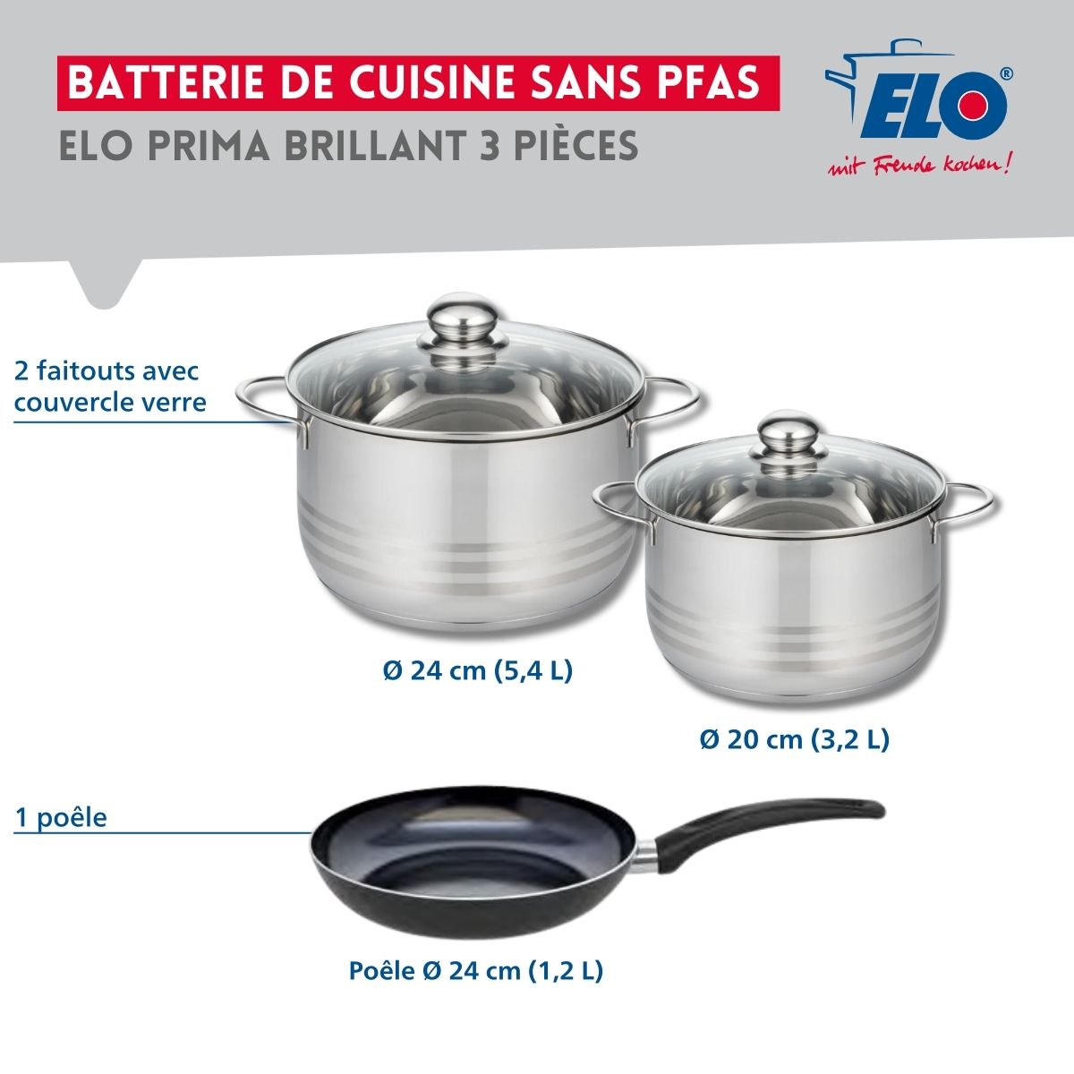 Ensemble de 1 Poêle de cuisson 24 cm et 2 faitouts 20 et 24 cm  Prima Brillant Elo - Mathon - 2