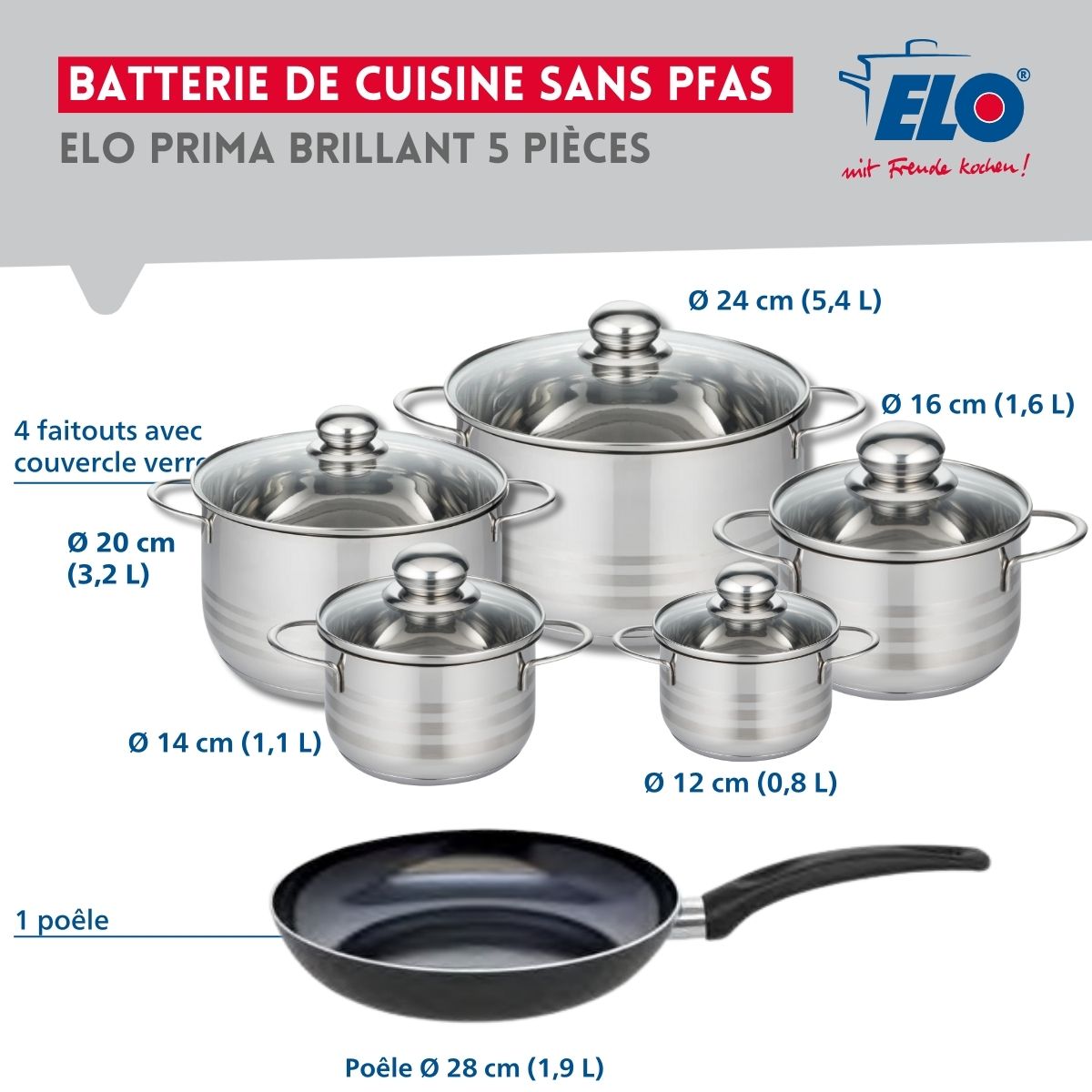 Ensemble de 1 Poêle de cuisson 28 cm et 5 faitouts 12, 14, 16, 20 et 24 cm  Prima Brillant Elo - Mathon - 2
