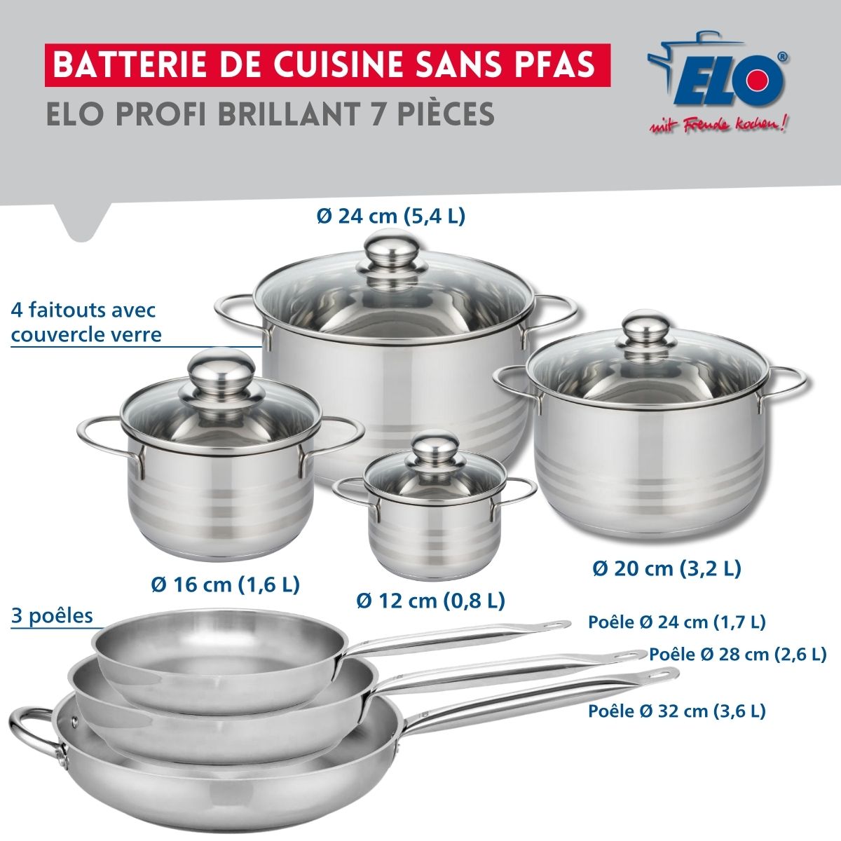Ensemble de 3 Poêles de cuisson 24, 28 et 32 cm et 4 faitouts 12, 16, 20 et 24 cm  Profi Brillant Elo - Mathon - 2