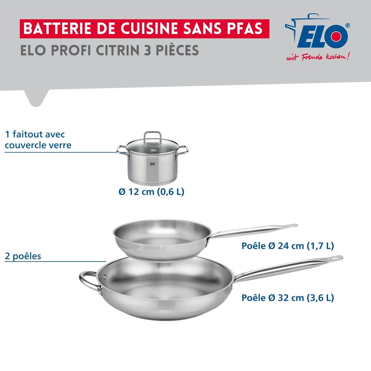 Ensemble de 2 Poêles de cuisson 24 et 32 cm et 1 faitout 12 cm  Profi Citrin Elo - Mathon - 2