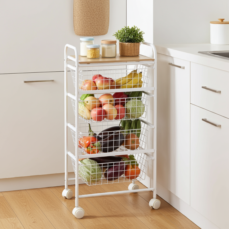 Desserte de cuisine, 4 paniers, plan de travail couleur bouleau texturé avec effet latté, nora Don Hierro - Mathon - 3