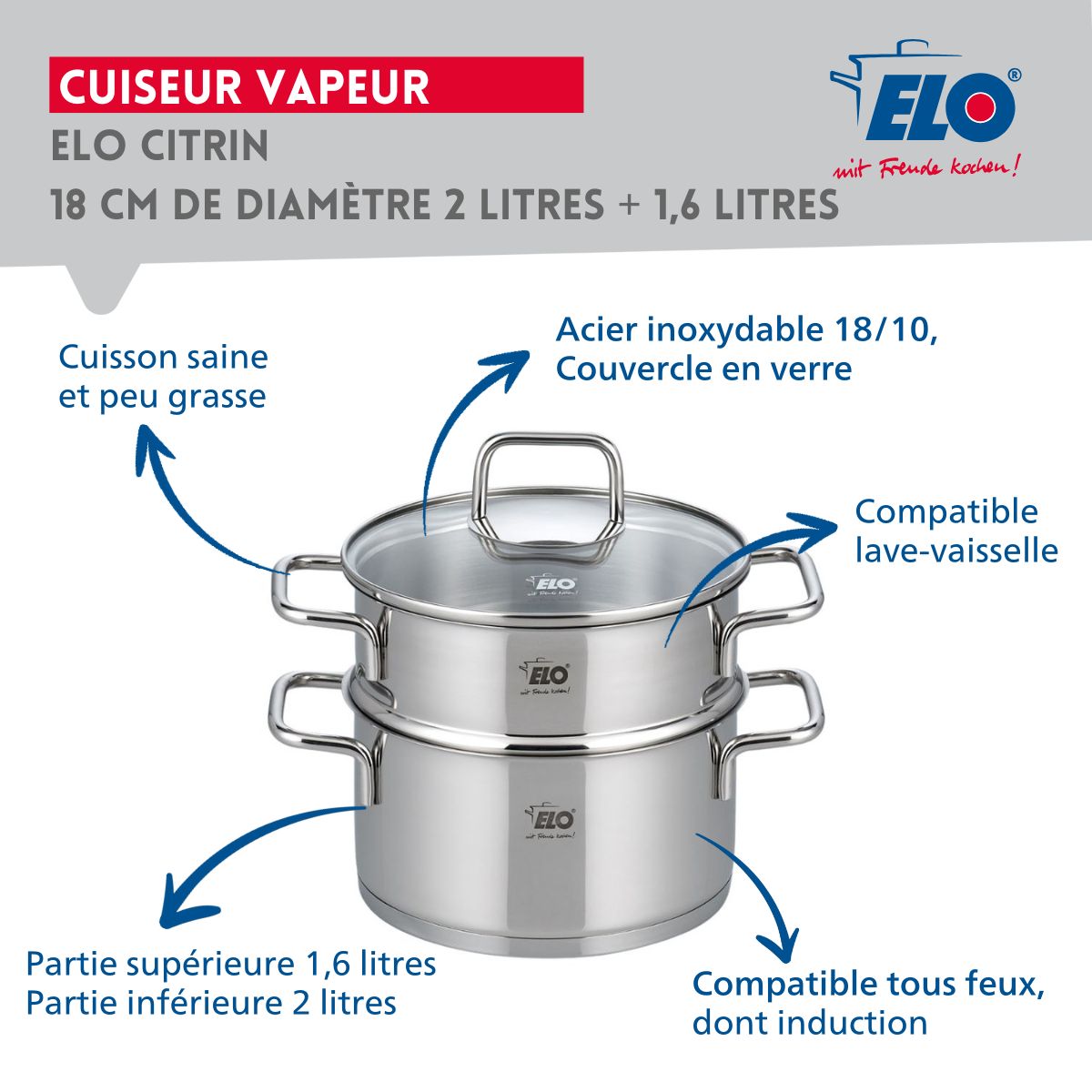 Cuiseur vapeur en inox 18 cm de 2 litres  Citrin Elo - Mathon - 3