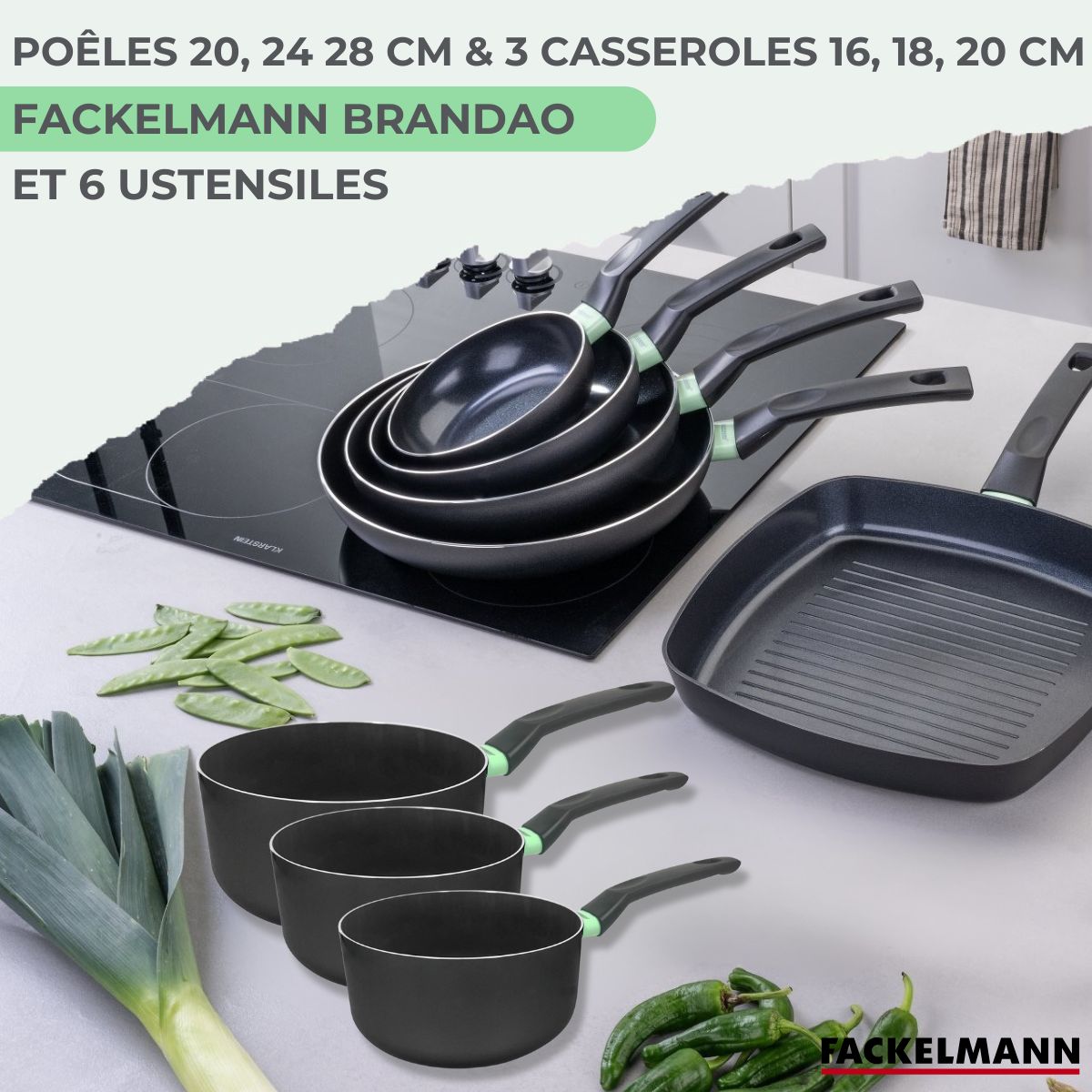 Lot Poêles 20/24/28cm et Casseroles 16/18/20cm  Brandao avec 5 ustensiles Fackelmann - Mathon - 2