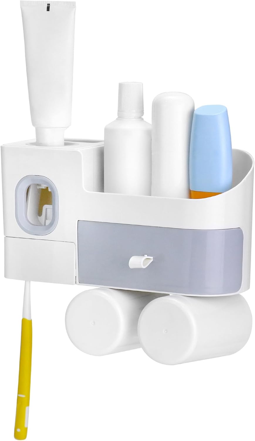 Distributeur Automatique de Dentifrice, Porte Brosse Dent Mural, avec 2 Tasses, 7 Fentes pour brosses blanc Vendos85 - Mathon