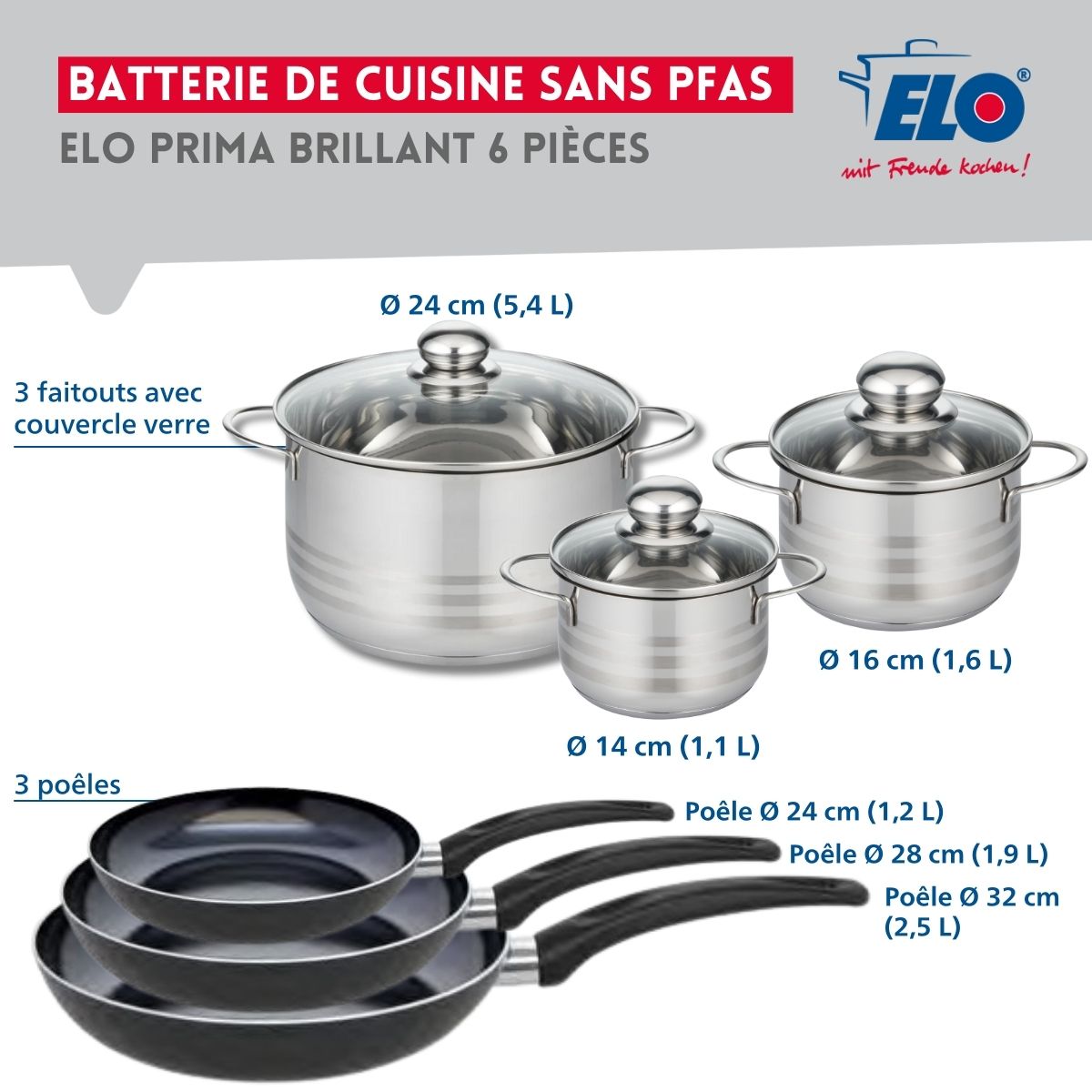 Ensemble de 3 Poêles de cuisson 24, 28 et 32 cm et 3 faitouts 14, 16 et 24 cm  Prima Brillant Elo - Mathon - 2