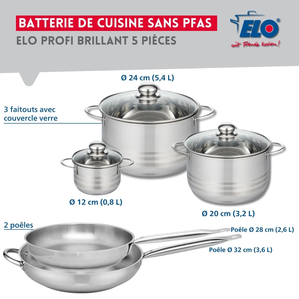 Ensemble de 2 Poêles de cuisson 28 et 32 cm et 3 faitouts 12, 20 et 24 cm  Profi Brillant Elo - Mathon - 2