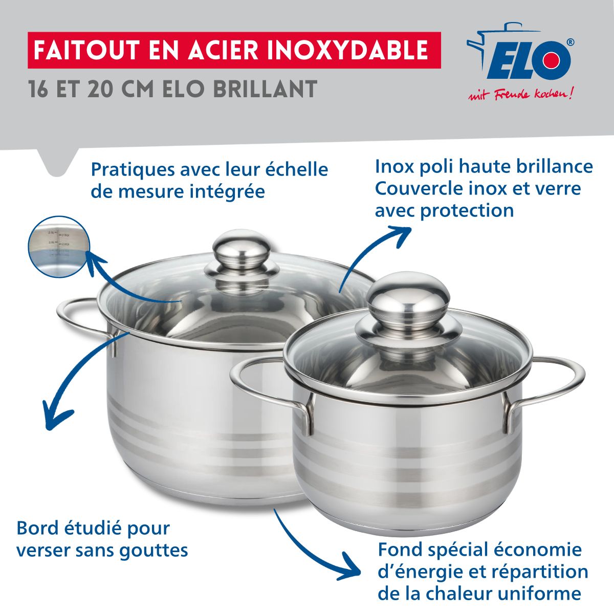 Lot de 2 faitouts 16 et 20 cm en acier inoxydable sans PFAS  Brillant Elo - Mathon - 3