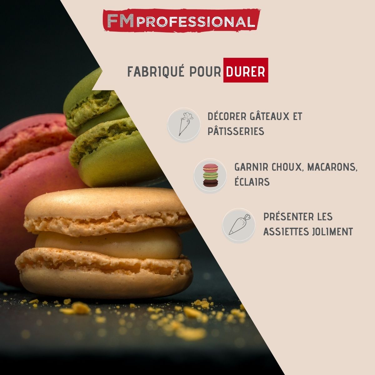 Poche à douille professionnelle réemployable et 3 douilles inox 28 cm  Pâtisserie FM Professional - Mathon - 2