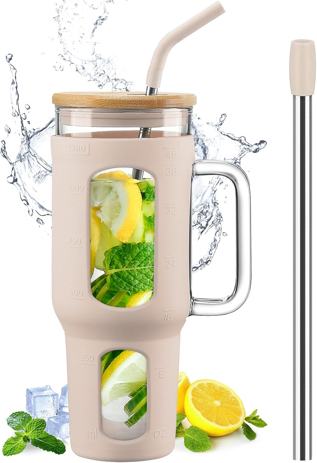 Gobelet 1,4 L avec Poignée, Couvercle Bambou & Pailles ambre Vendos85 - Mathon