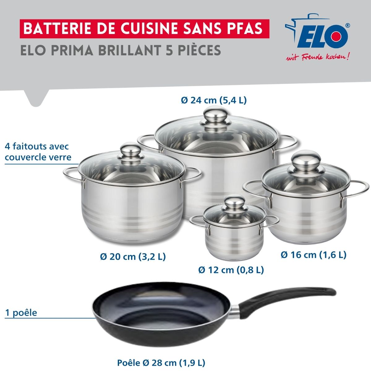 Ensemble de 1 Poêle de cuisson 28 cm et 4 faitouts 12, 16, 20 et 24 cm  Prima Brillant Elo - Mathon - 2