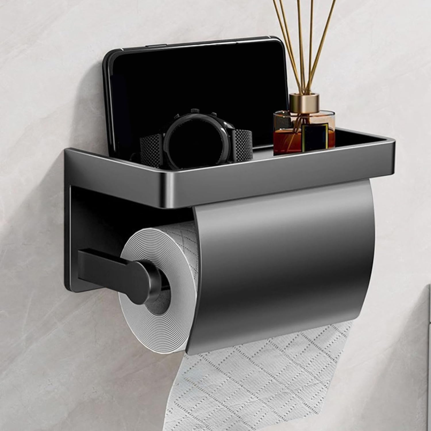 Porte-papier toilette aluminium gris avec étagère Vendos85 - Mathon
