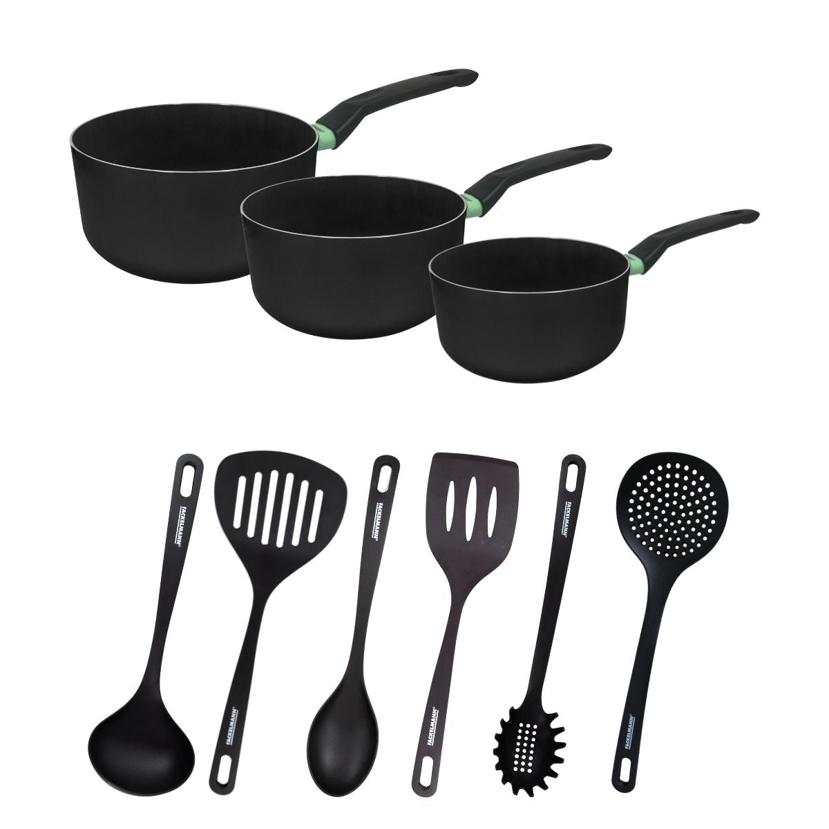 Set de 3 casseroles antiadhésives céramique 16, 18 et 20 cm et 6 ustensiles  Brandao Fackelmann - Mathon - 1