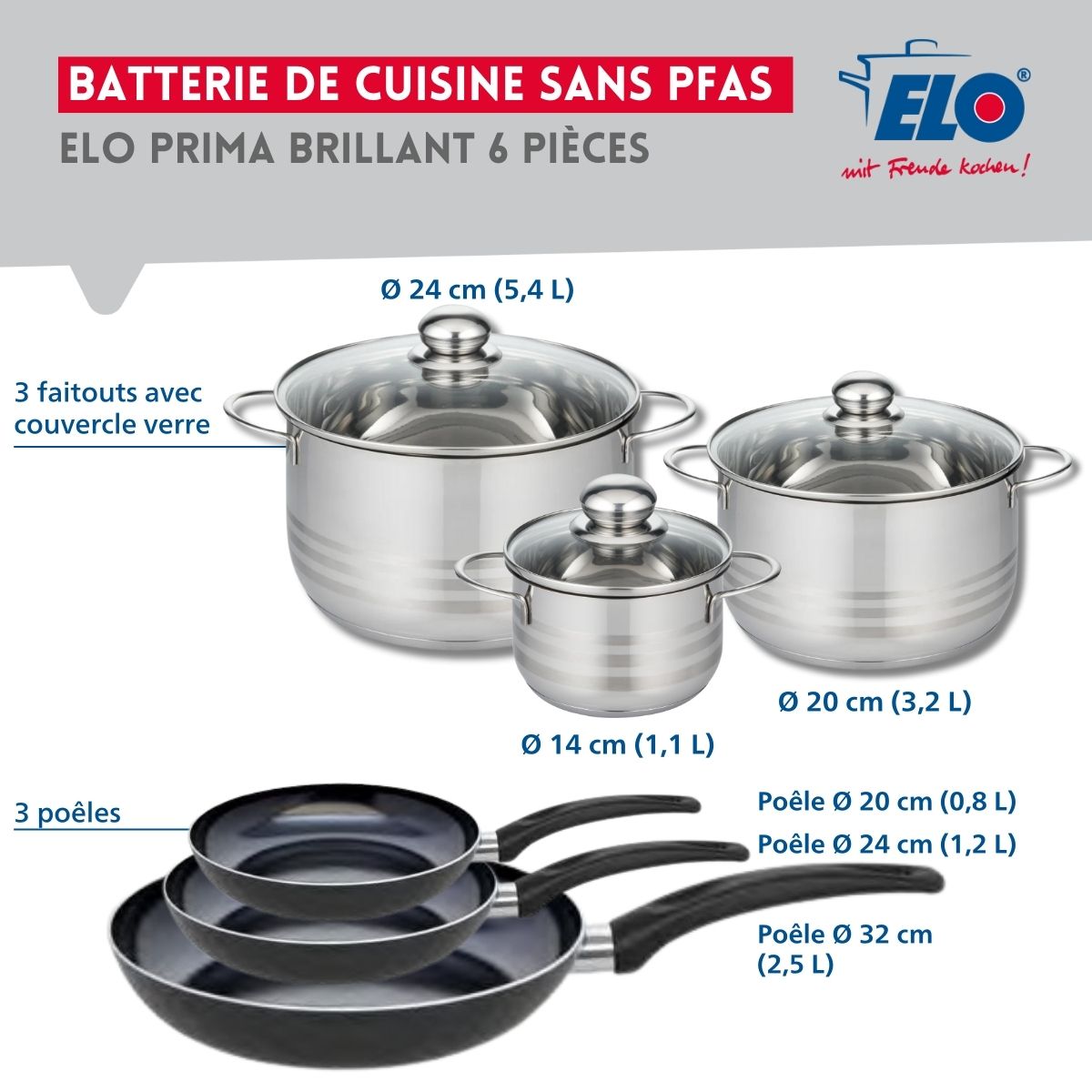 Ensemble de 3 Poêles de cuisson 20, 24 et 32 cm et 3 faitouts 14, 20 et 24 cm  Prima Brillant Elo - Mathon - 2