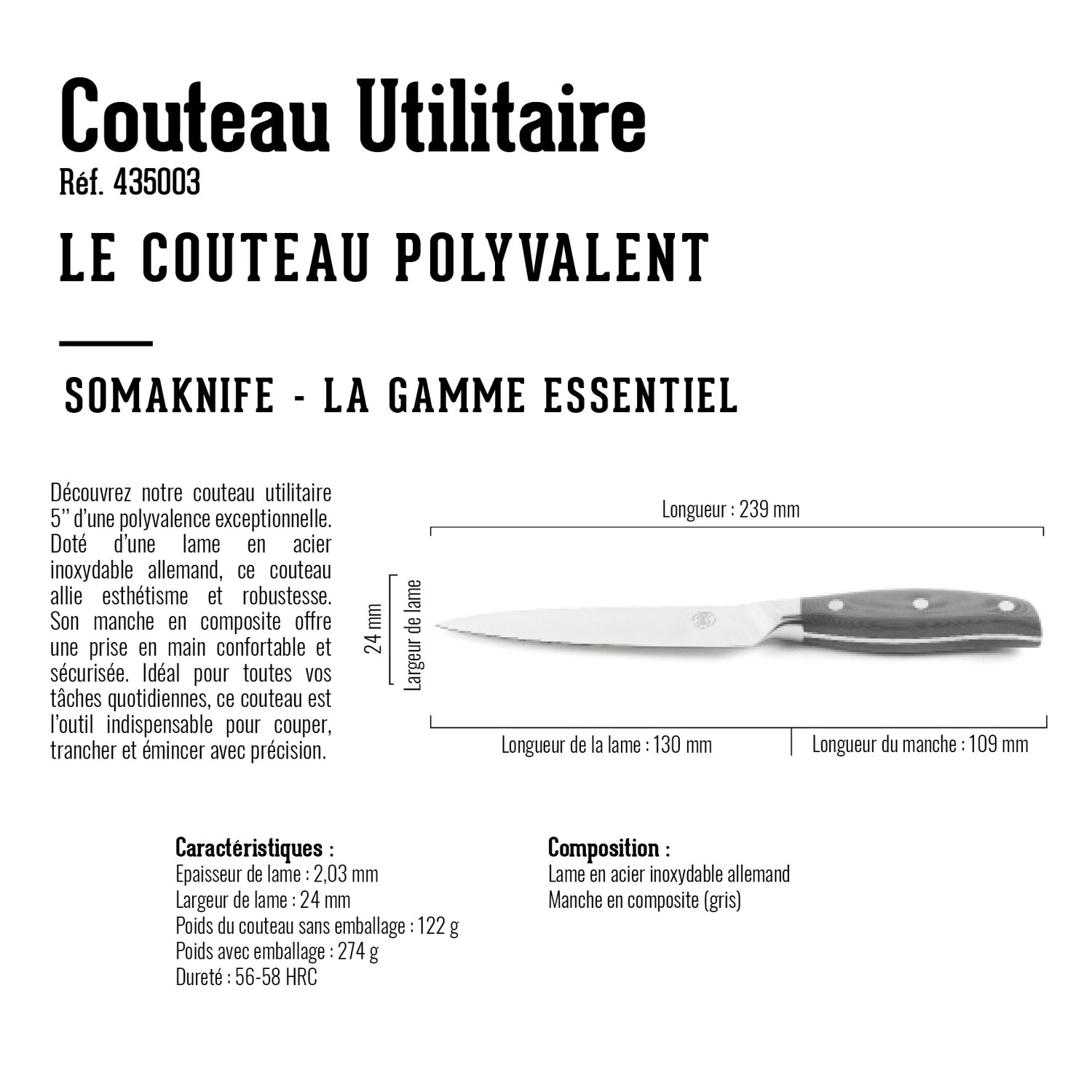 Couteau UTILITY 5 pouces, gamme Essentiel Somagic - Mathon - 4