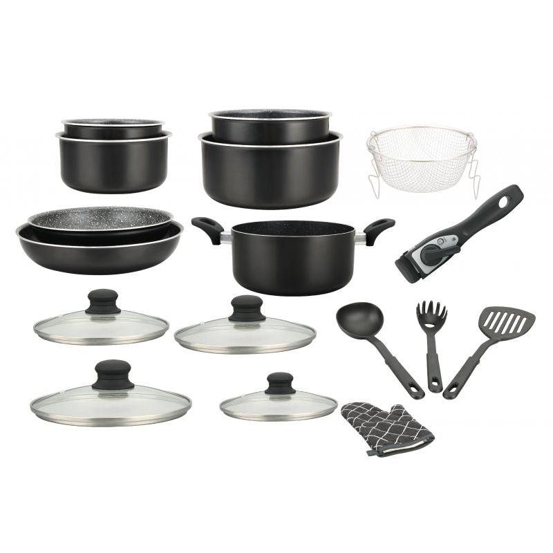 Batterie de cuisine revêtement pierre avec manche amovible 17 pièces noir Herzberg  HG8055-BLK Herzberg - Mathon - 1
