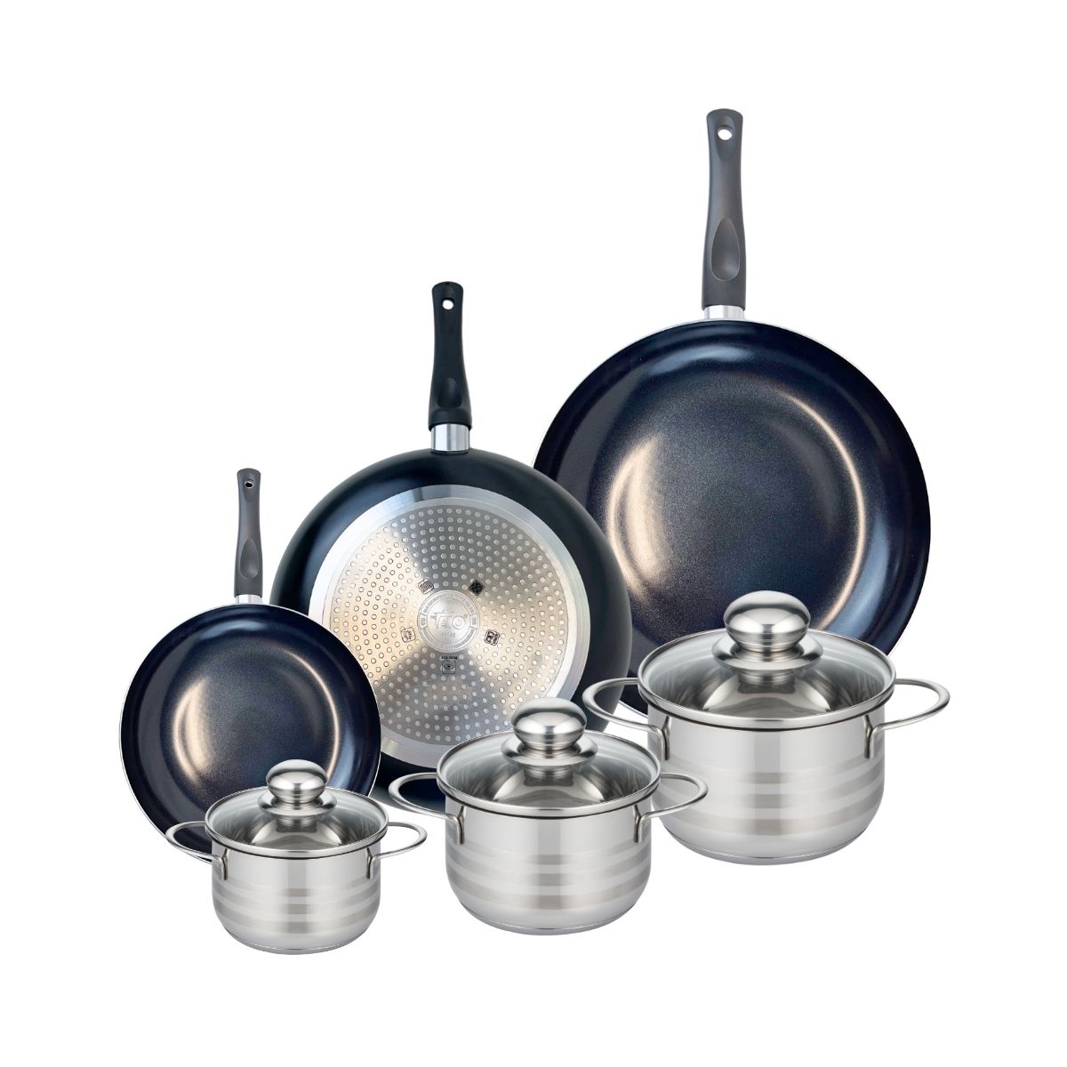 Ensemble de 3 Poêles de cuisson 20, 28 et 32 cm et 3 faitouts 12, 14 et 16 cm  Prima Brillant Elo - Mathon - 1