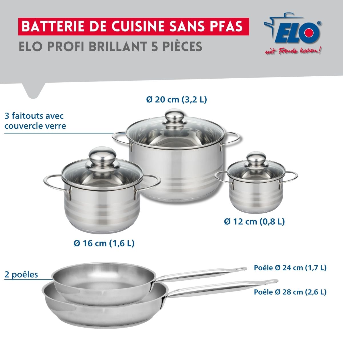 Ensemble de 2 Poêles de cuisson 24 et 28 cm et 3 faitouts 12, 16 et 20 cm  Profi Brillant Elo - Mathon - 2