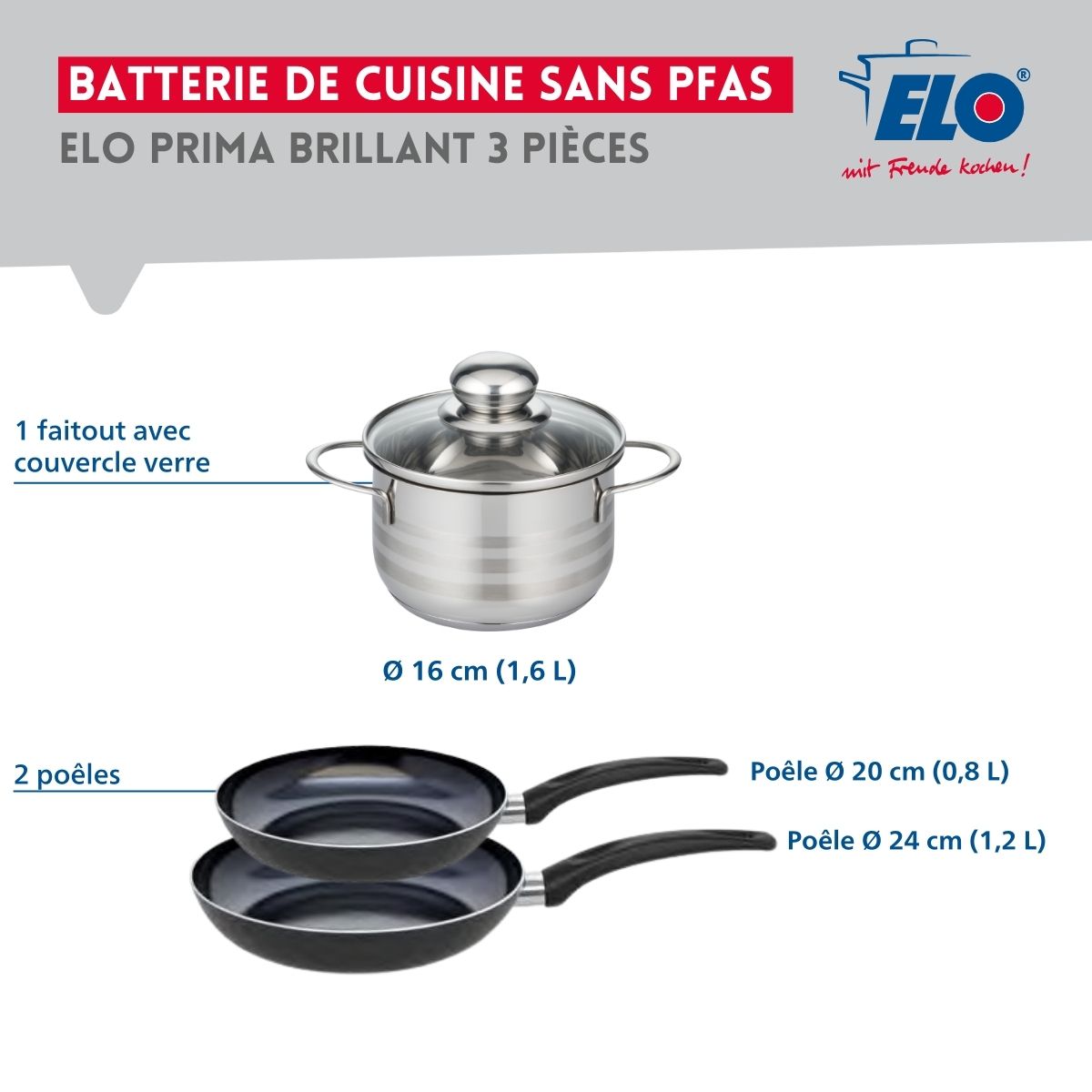Ensemble de 2 Poêles de cuisson 20 et 24 cm et 1 faitout 16 cm  Prima Brillant Elo - Mathon - 2