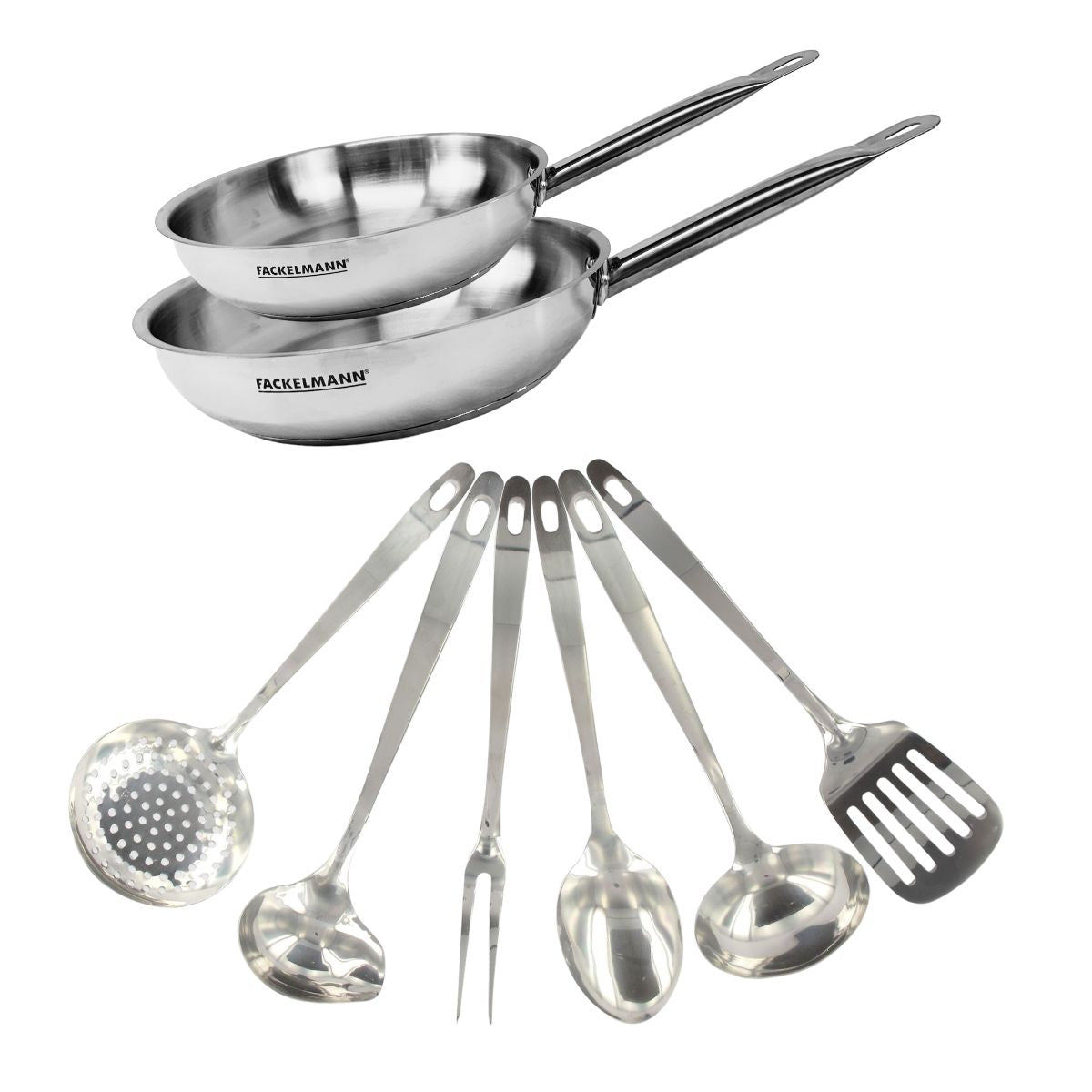 Set de 2 poêles de 24 et 28 cm en inox et 6 ustensiles inox  Eterna Fackelmann - Mathon - 1