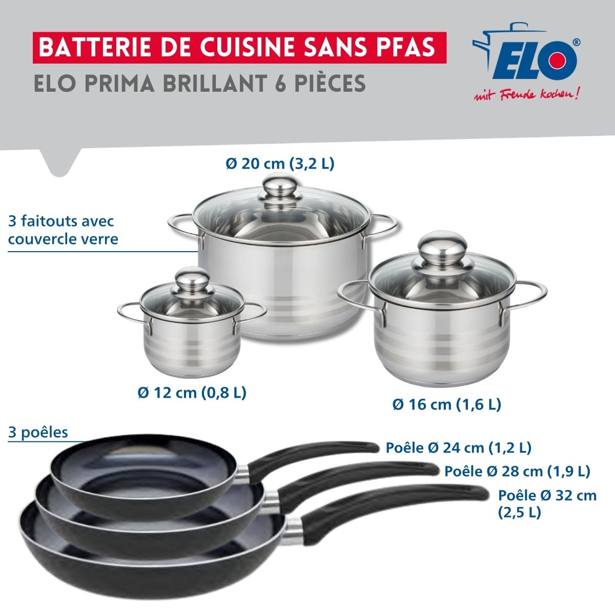 Ensemble de 3 Poêles de cuisson 24, 28 et 32 cm et 3 faitouts 12, 16 et 20 cm  Prima Brillant Elo - Mathon - 2