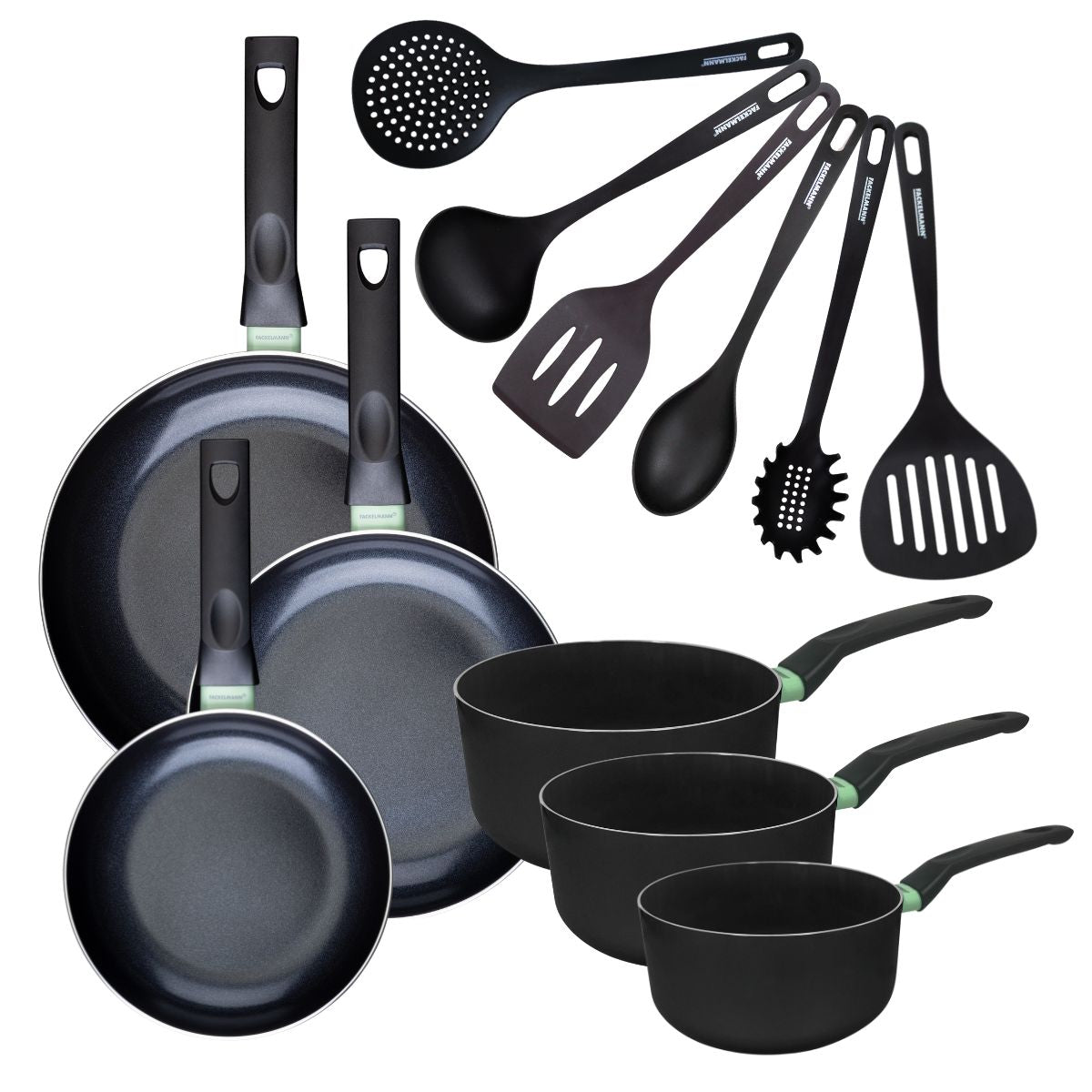 Set de 3 poêles 20 24 et 28 cm et 3 casseroles 16, 18 et 20 cm antiadhésives céramique et 6 ustensiles  Brandao Fackelmann - Mathon - 1
