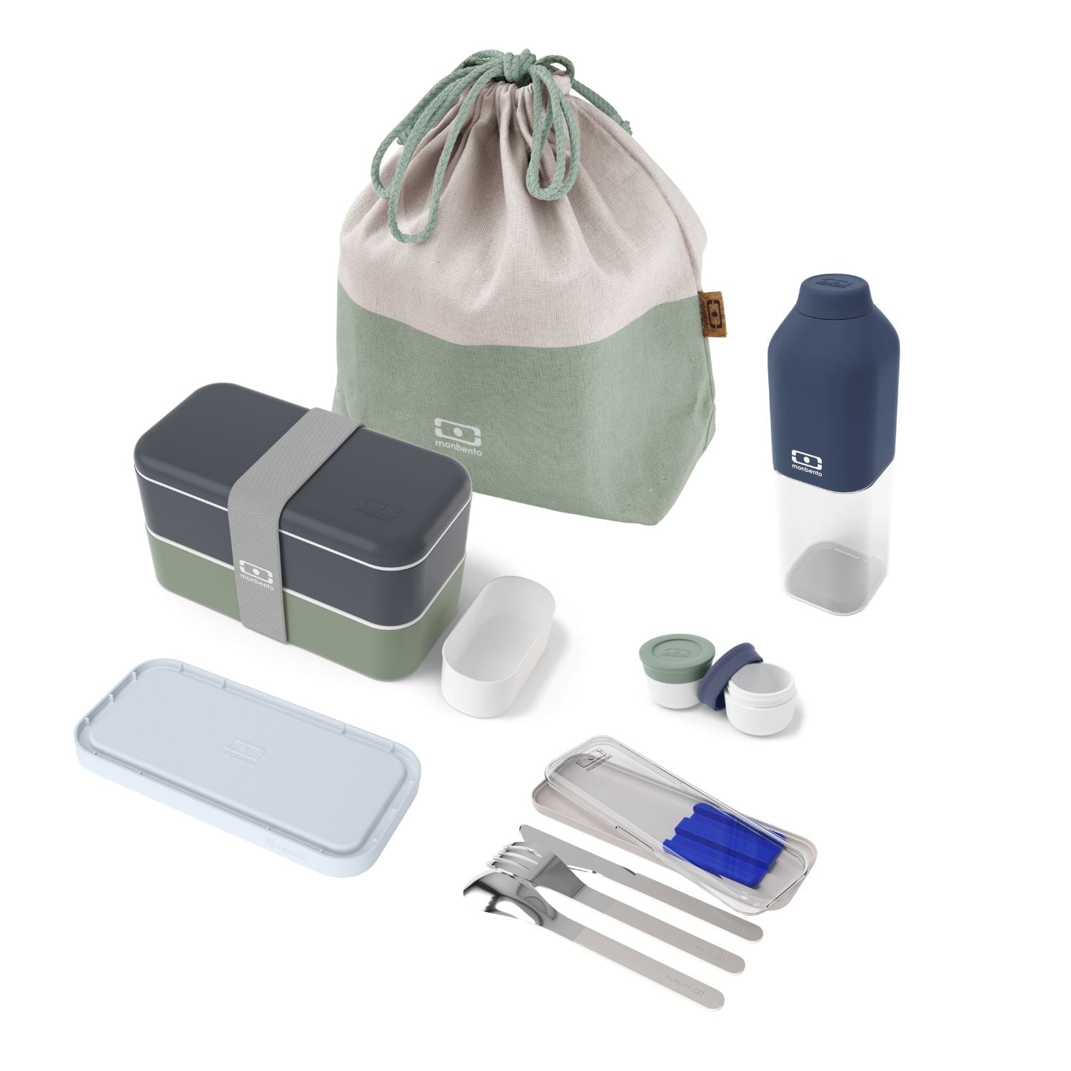 Set repas complet lunch box 2 étages 1L bleu/vert + accessoires Monbento - Mathon - 1