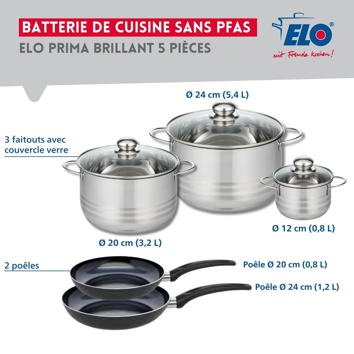 Ensemble de 2 Poêles de cuisson 20 et 24 cm et 3 faitouts 12, 20 et 24 cm  Prima Brillant Elo - Mathon - 2
