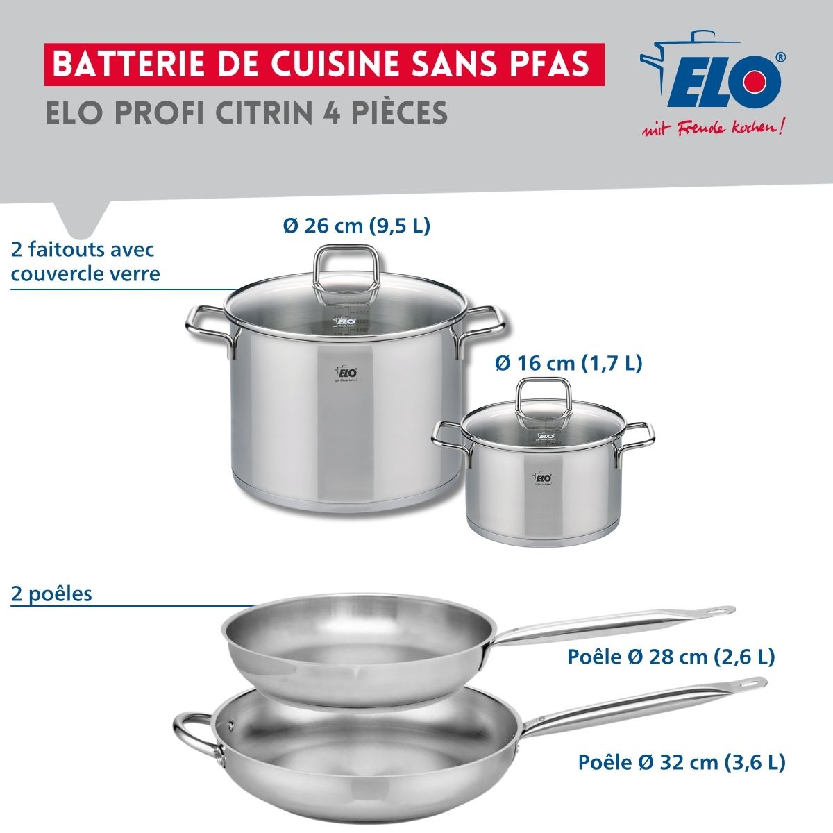 Ensemble de 2 Poêles de cuisson 28 et 32 cm et 2 faitouts 16 et 26 cm  Profi Citrin Elo - Mathon - 2