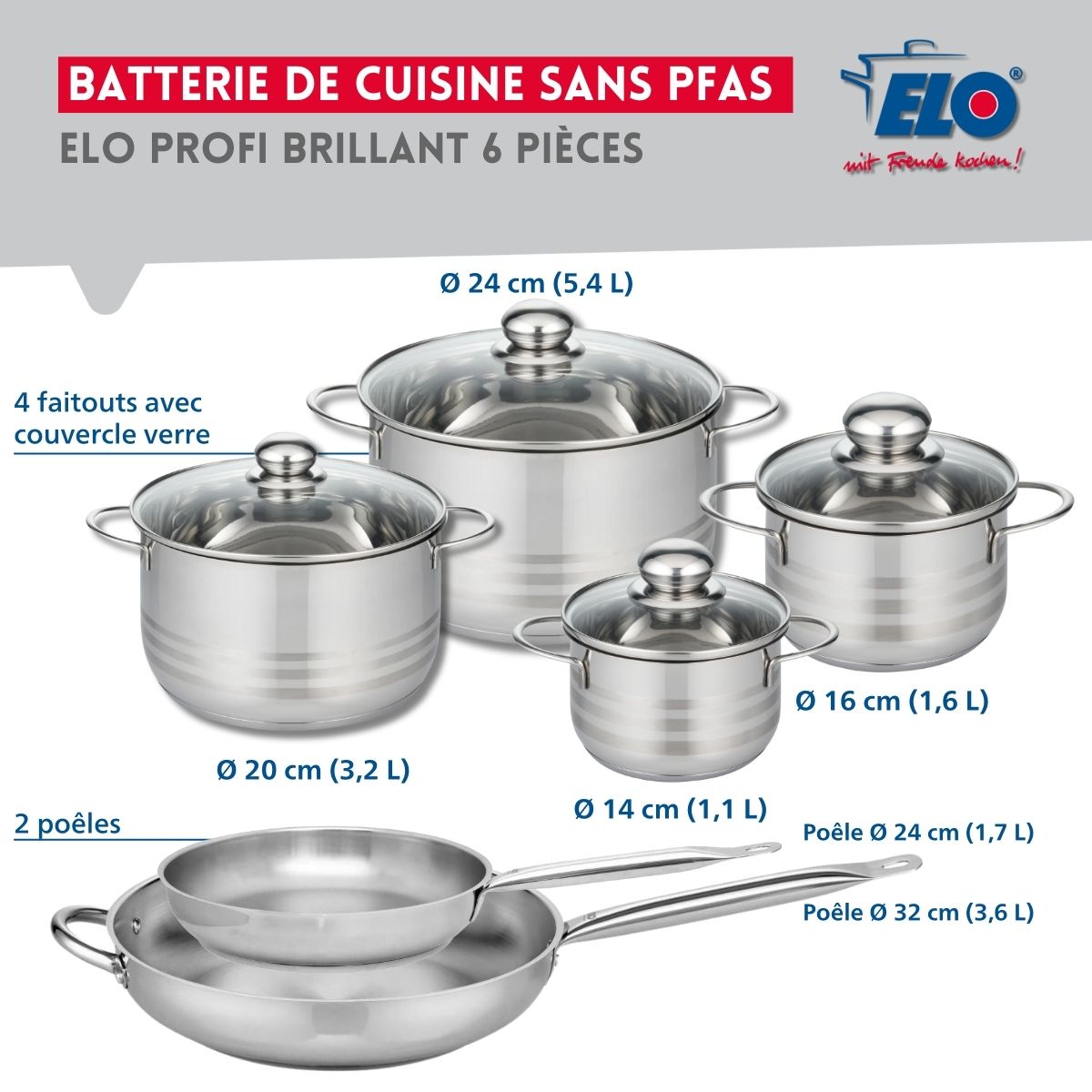 Ensemble de 2 Poêles de cuisson 24 et 32 cm et 4 faitouts 14, 16, 20 et 24 cm  Profi Brillant Elo - Mathon - 2
