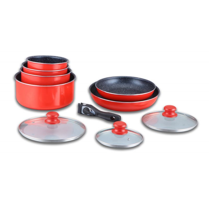 Batterie de cuisine revêtement pierre avec manche amovible 10 pieces rouge Herzberg HG5000-RD Herzberg - Mathon