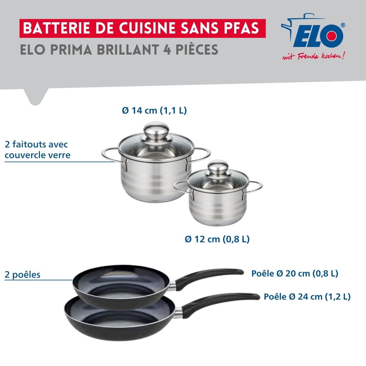 Ensemble de 2 Poêles de cuisson 20 et 24 cm et 2 faitouts 12 et 14 cm  Prima Brillant Elo - Mathon - 2