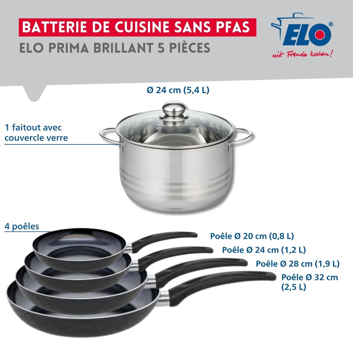 Ensemble de 4 Poêles de cuisson 20, 24, 28 et 32 cm et 1 faitout 24 cm  Prima Brillant Elo - Mathon - 2