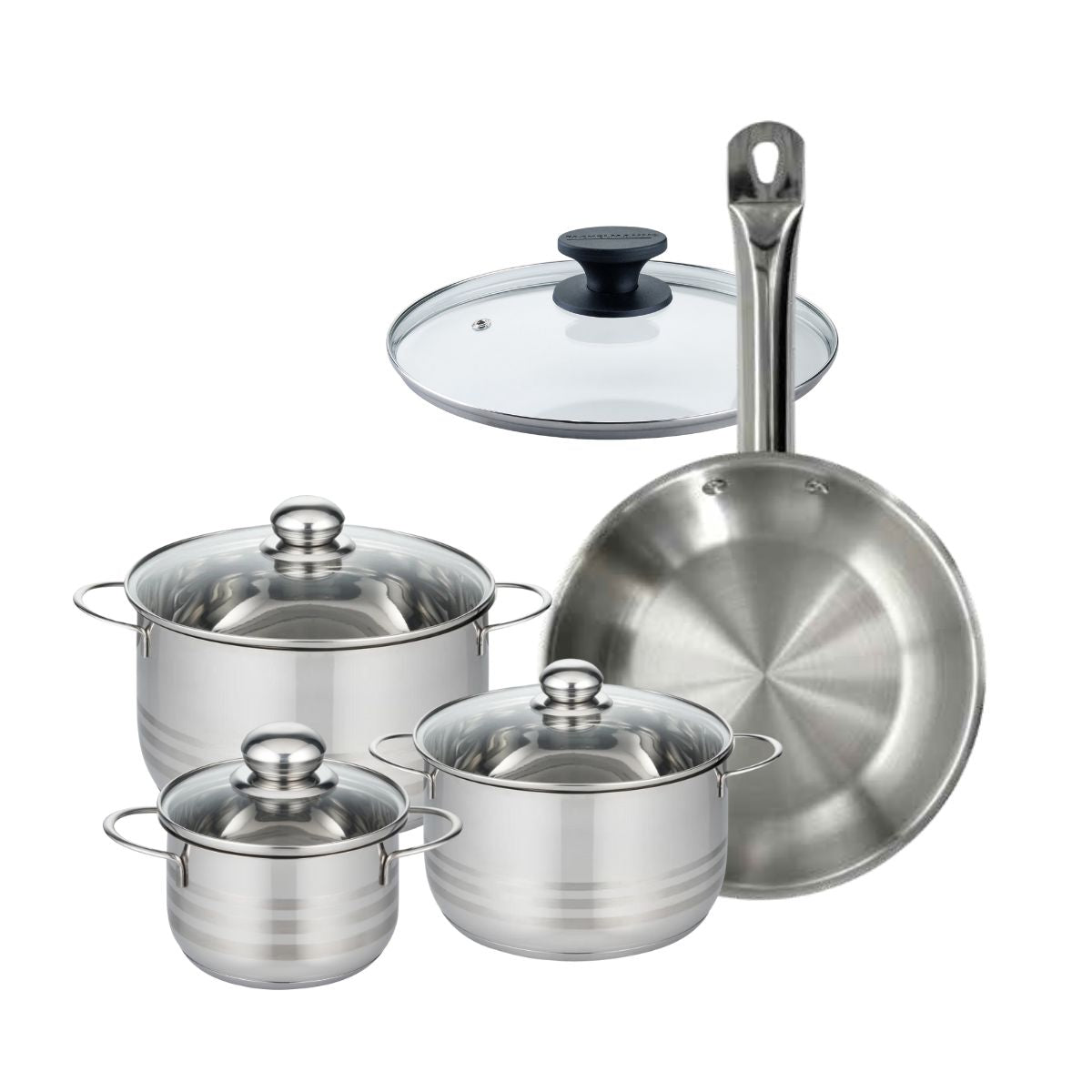 Set 1 poêle 28 cm en inox et 1 couvercle verre, 3 faitouts inox 16, 20 et 24 cm  Eterna Fackelmann - Mathon - 1