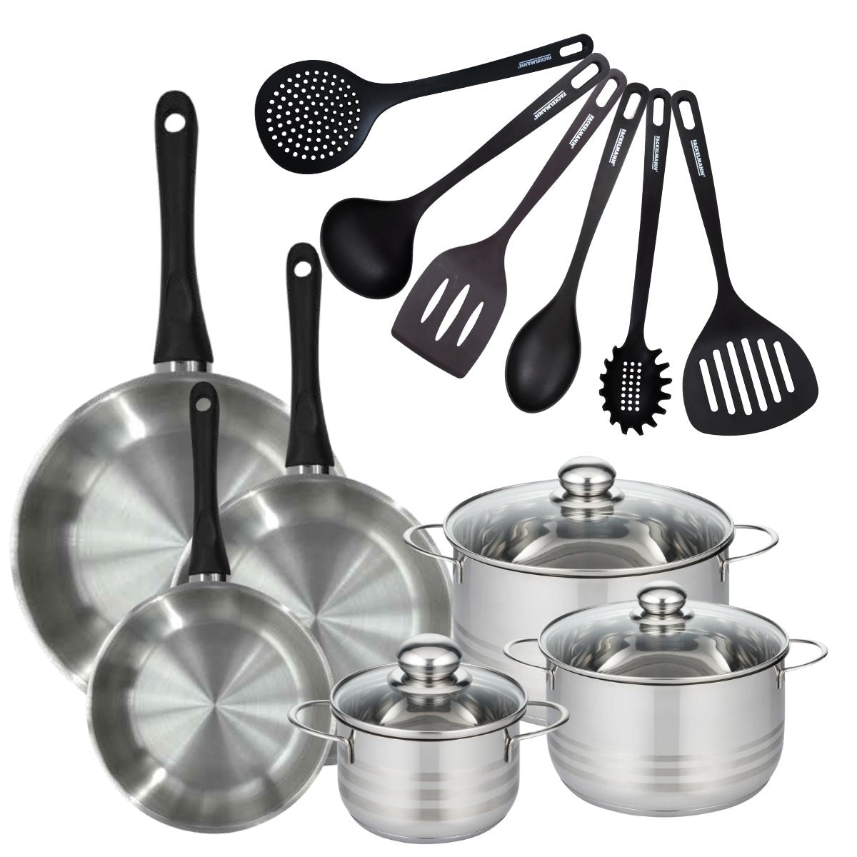 Set de 3 poêles 20, 24 et 28 cm en inox, 3 faitouts inox 16, 20 et 24 cm et 6 ustensiles RPET  Geneva Fackelmann - Mathon - 1