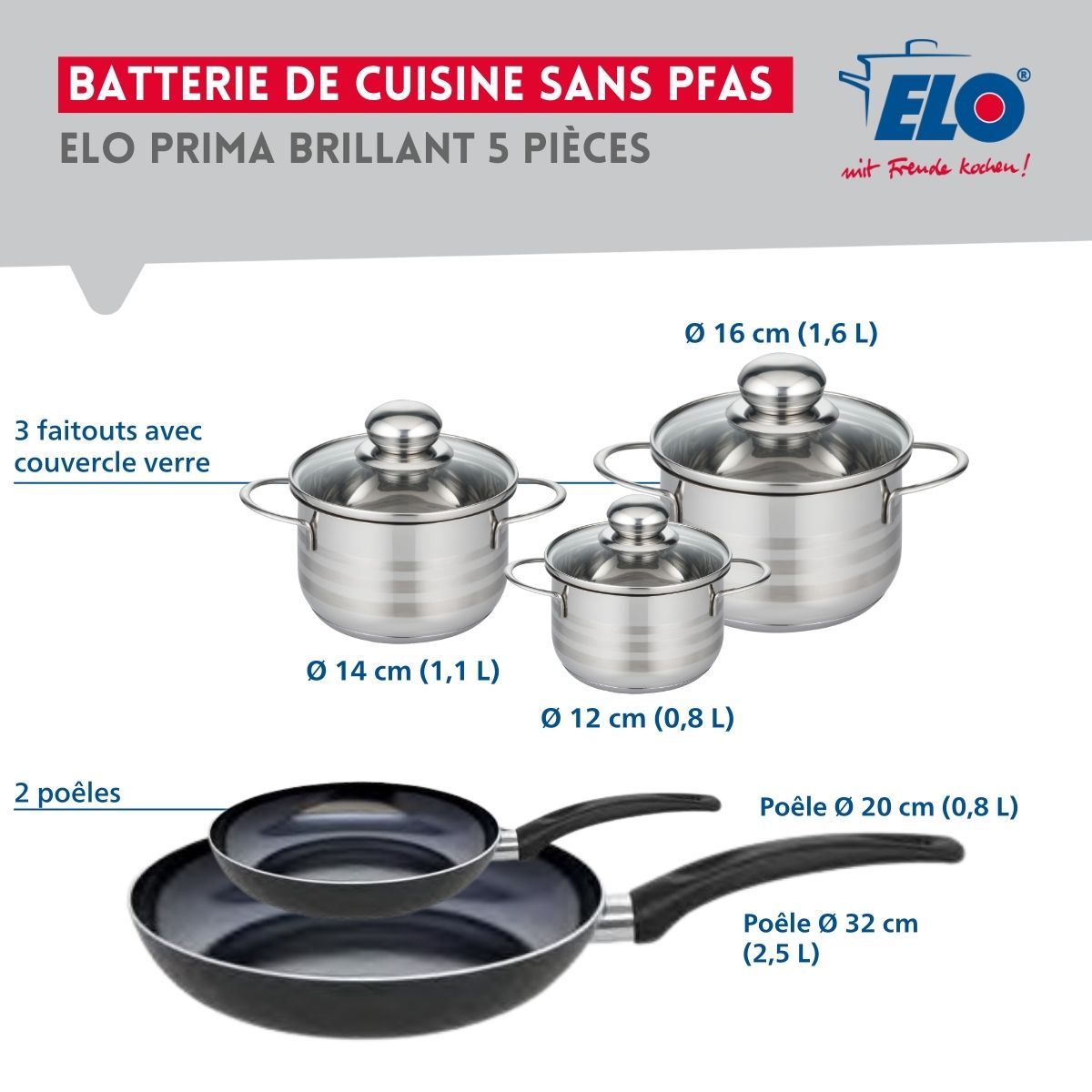 Ensemble de 2 Poêles de cuisson 20 et 32 cm et 3 faitouts 12, 14 et 16 cm  Prima Brillant Elo - Mathon - 2