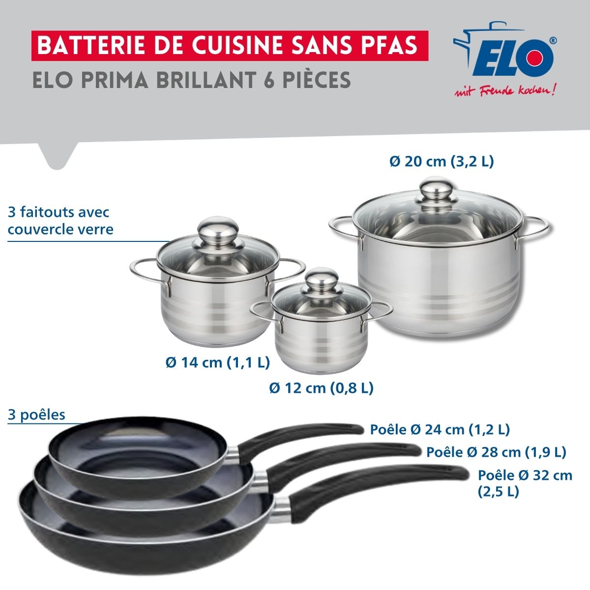 Ensemble de 3 Poêles de cuisson 24, 28 et 32 cm et 3 faitouts 12, 14 et 20 cm  Prima Brillant Elo - Mathon - 2