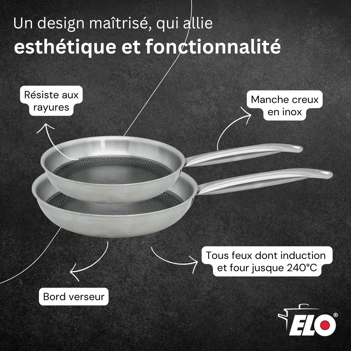 Lot de 2 poêles  Relief Solution 24 cm et 28 cm en inox sans PFAS Elo - Mathon - 3