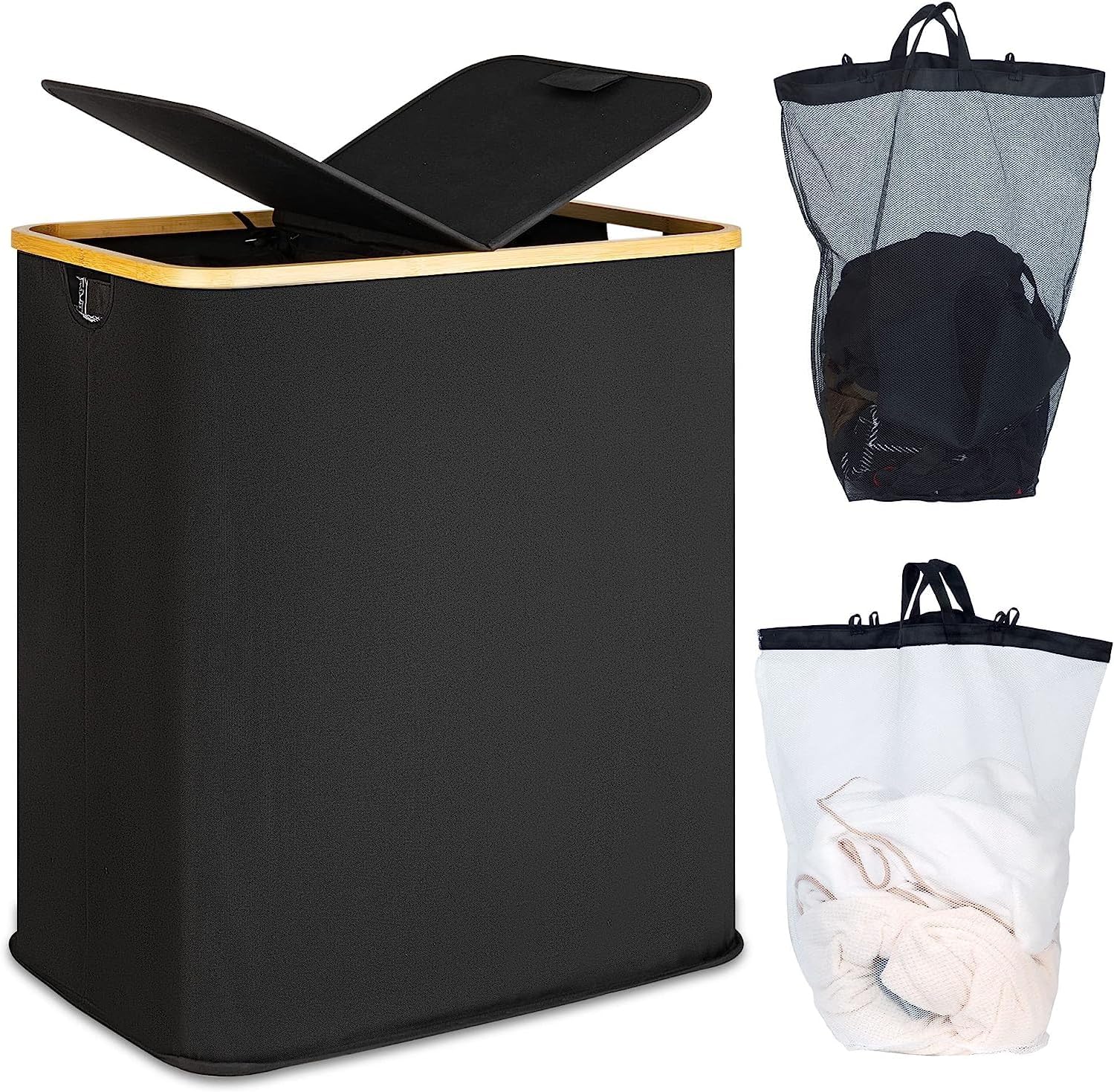 Panier à linge double 140L en bambou et lin – Noir Vendos85 - Mathon