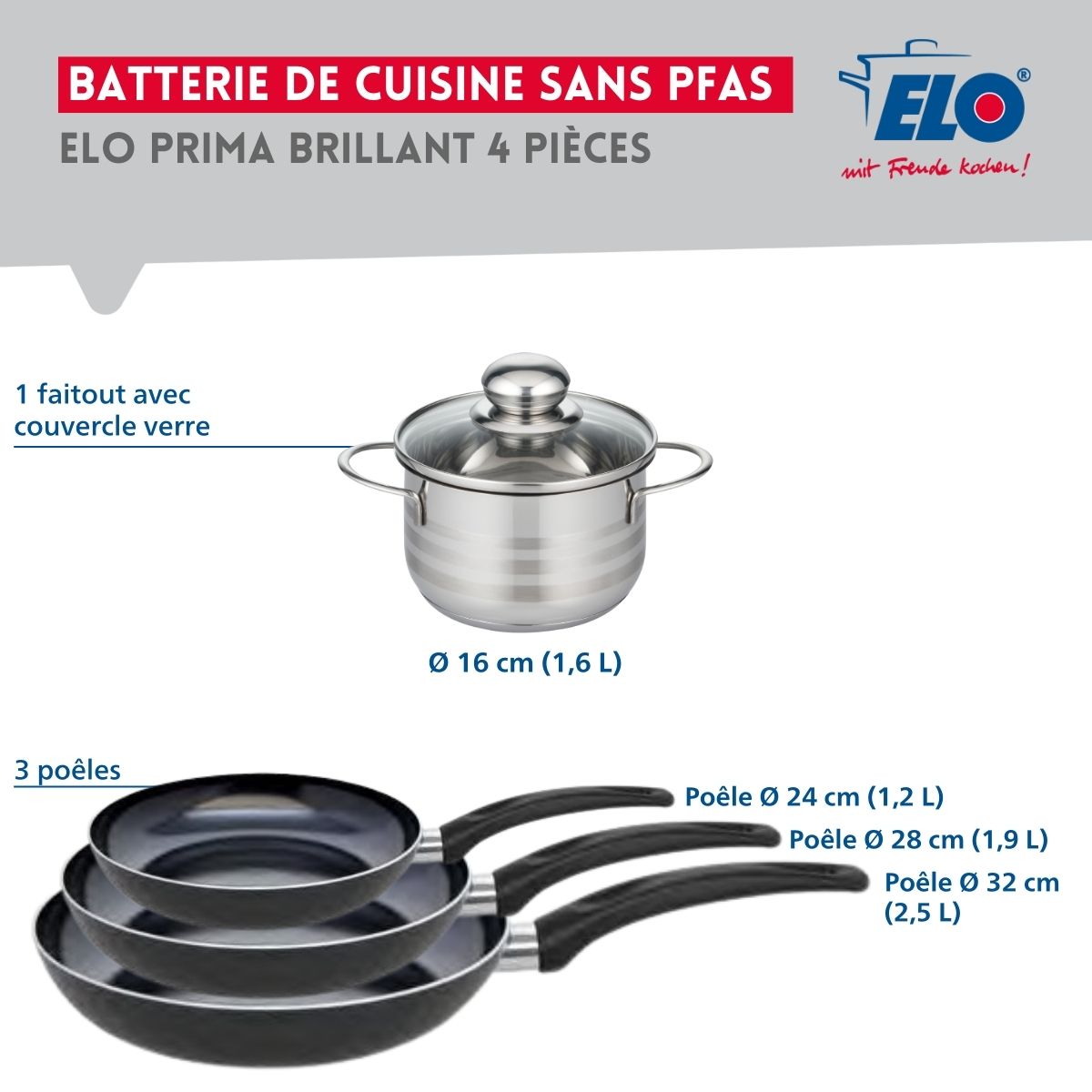 Ensemble de 3 Poêles de cuisson 24, 28 et 32 cm et 1 faitout 16 cm  Prima Brillant Elo - Mathon - 2