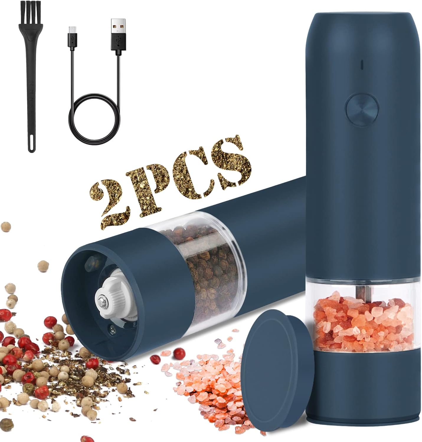 Lot de 2 moulins à poivre et sel électriques rechargeables par USB avec broyeur en céramique réglable et LED Gris/bleu Vendos85 - Mathon