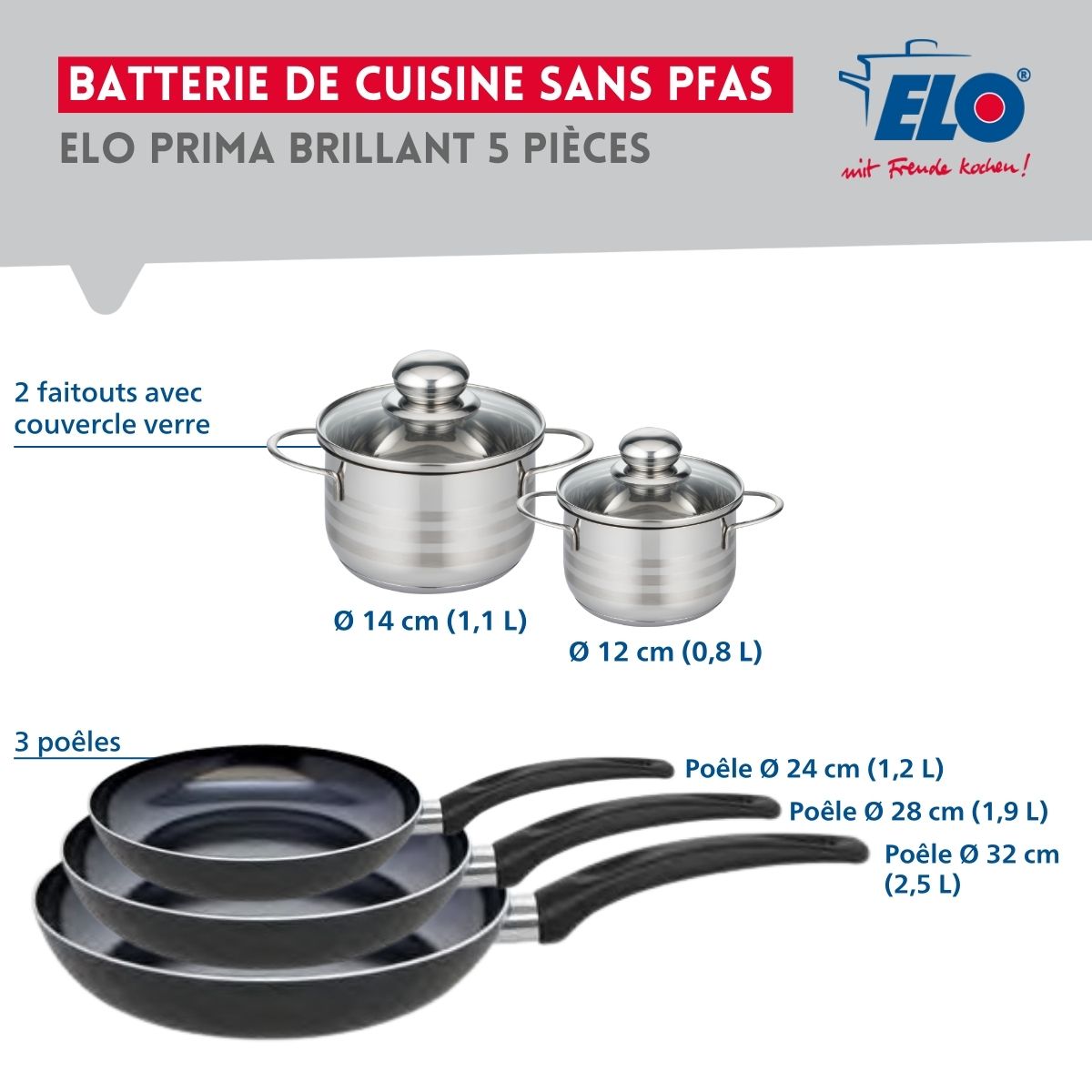 Ensemble de 3 Poêles de cuisson 24, 28 et 32 cm et 2 faitouts 12 et 14 cm  Prima Brillant Elo - Mathon - 2
