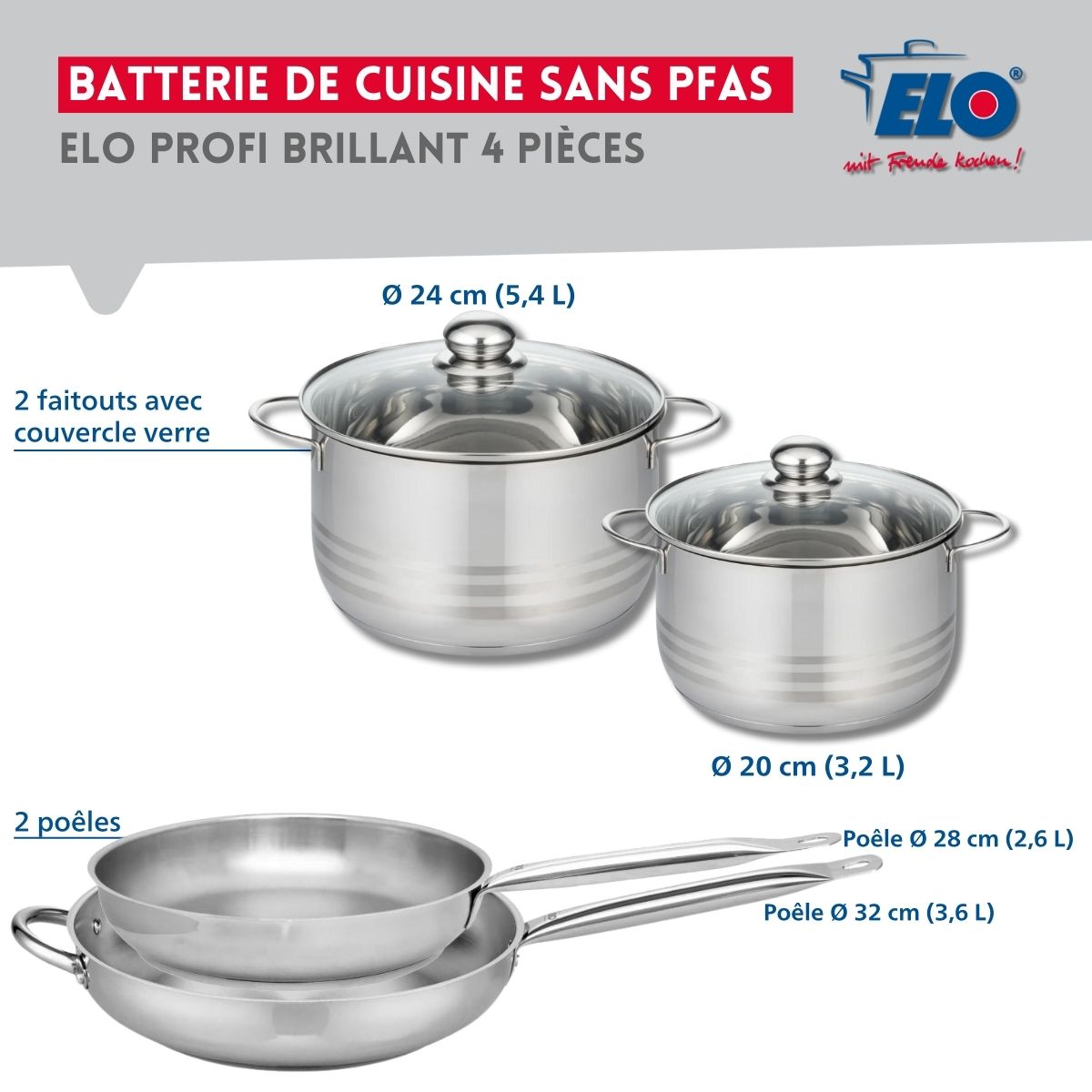 Ensemble de 2 Poêles de cuisson 28 et 32 cm et 2 faitouts 20 et 24 cm  Profi Brillant Elo - Mathon - 2