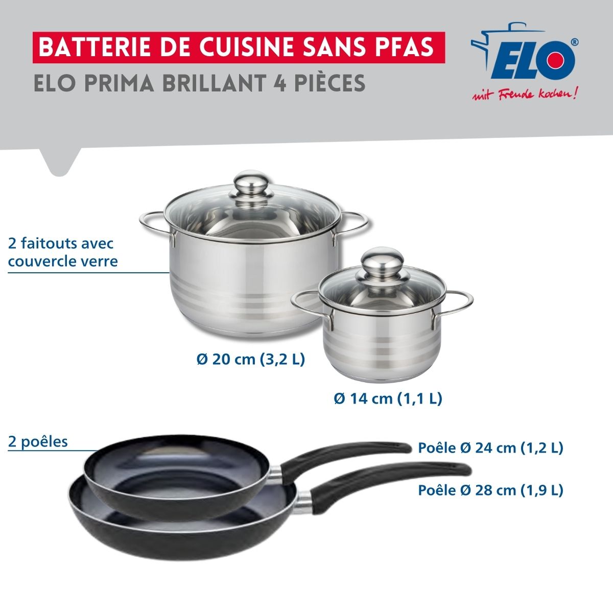 Ensemble de 2 Poêles de cuisson 24 et 28 cm et 2 faitouts 14 et 20 cm  Prima Brillant Elo - Mathon - 2