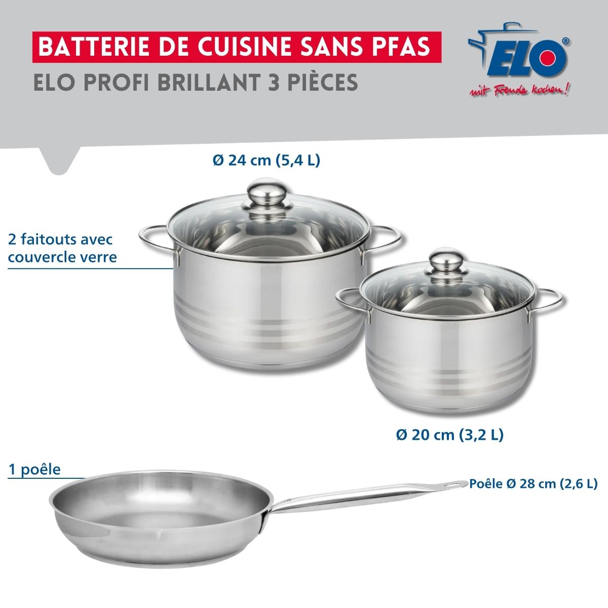 Ensemble de 1 Poêle de cuisson 28 cm et 2 faitouts 20 et 24 cm  Profi Brillant Elo - Mathon - 2